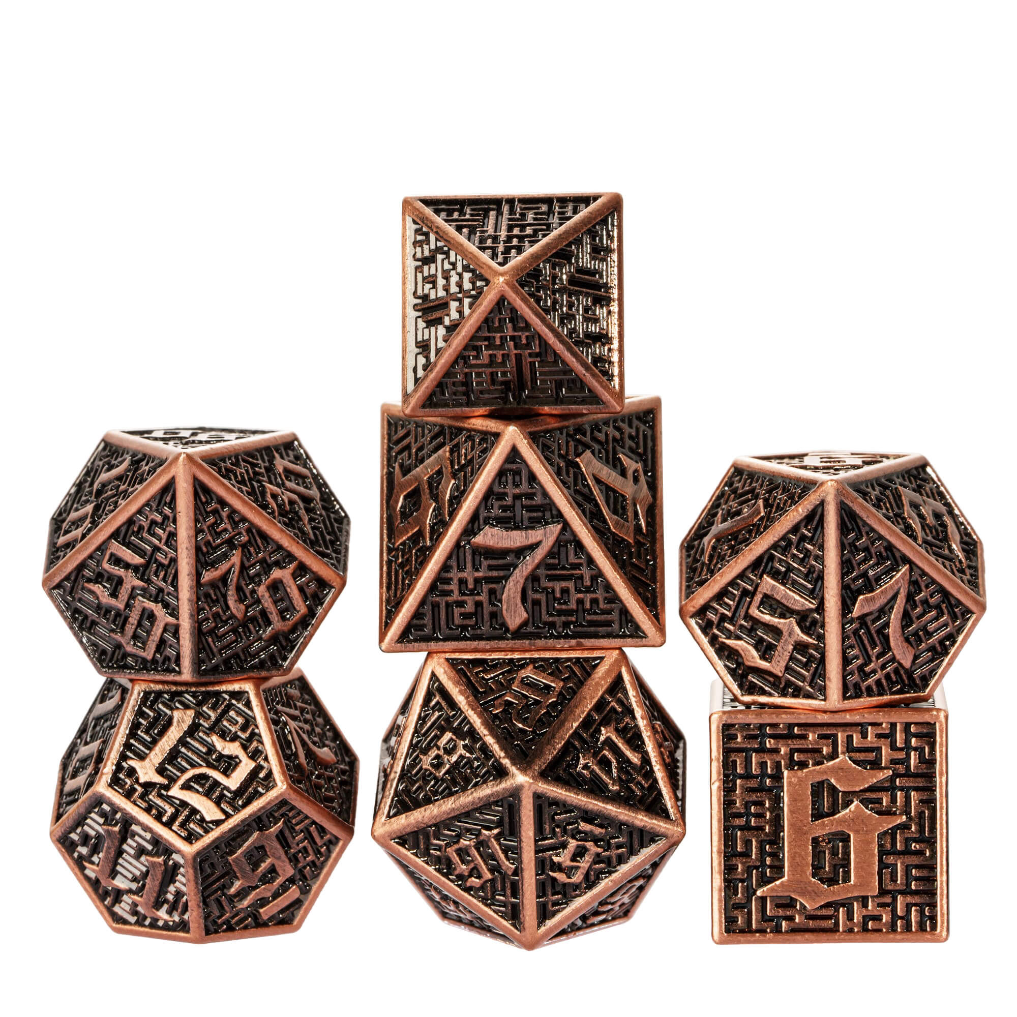 Maze 7 Polyhedral Metal DnD Dice Sets Red Copper - Dice of Dragons