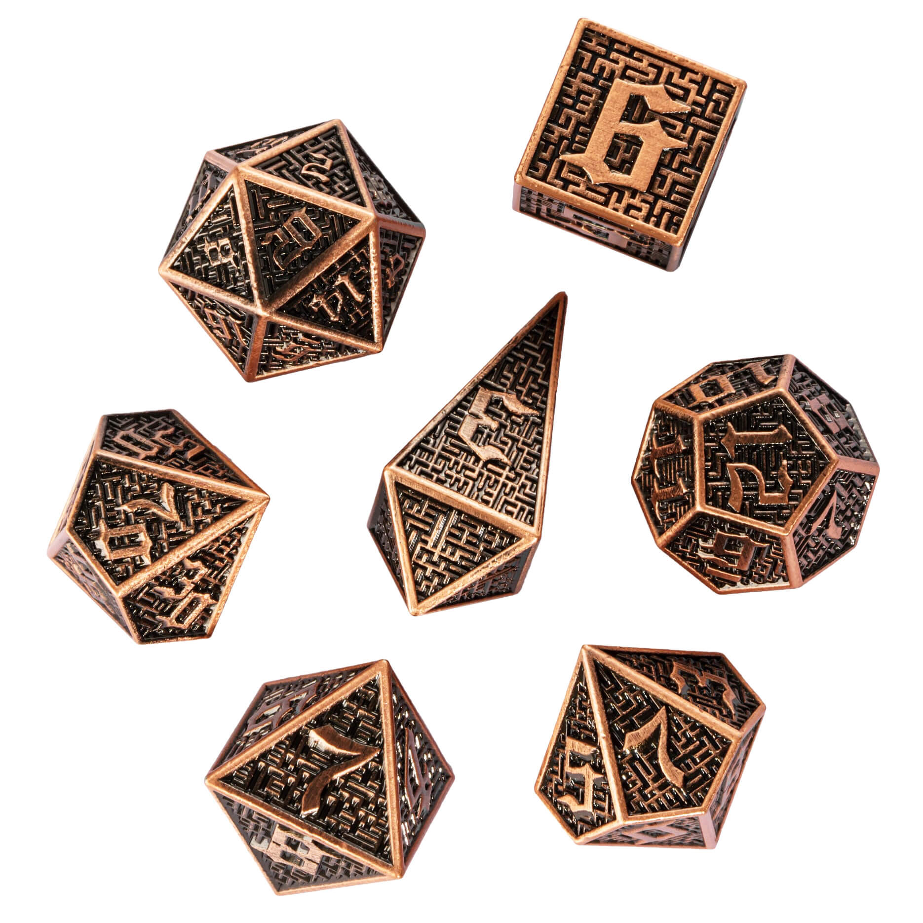 Maze 7 Polyhedral Metal DnD Dice Sets Red Copper - Dice of Dragons