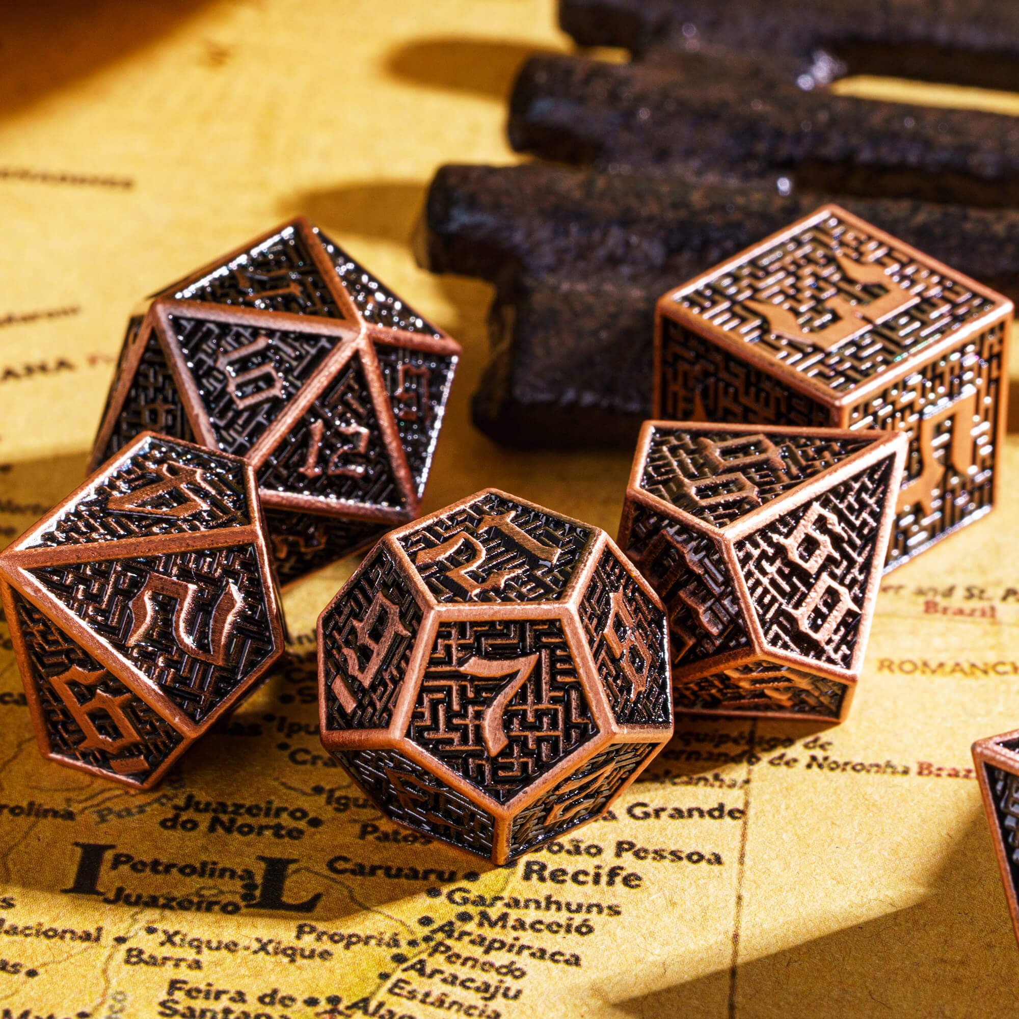 Maze 7 Polyhedral Metal DnD Dice Sets Red Copper - Dice of Dragons