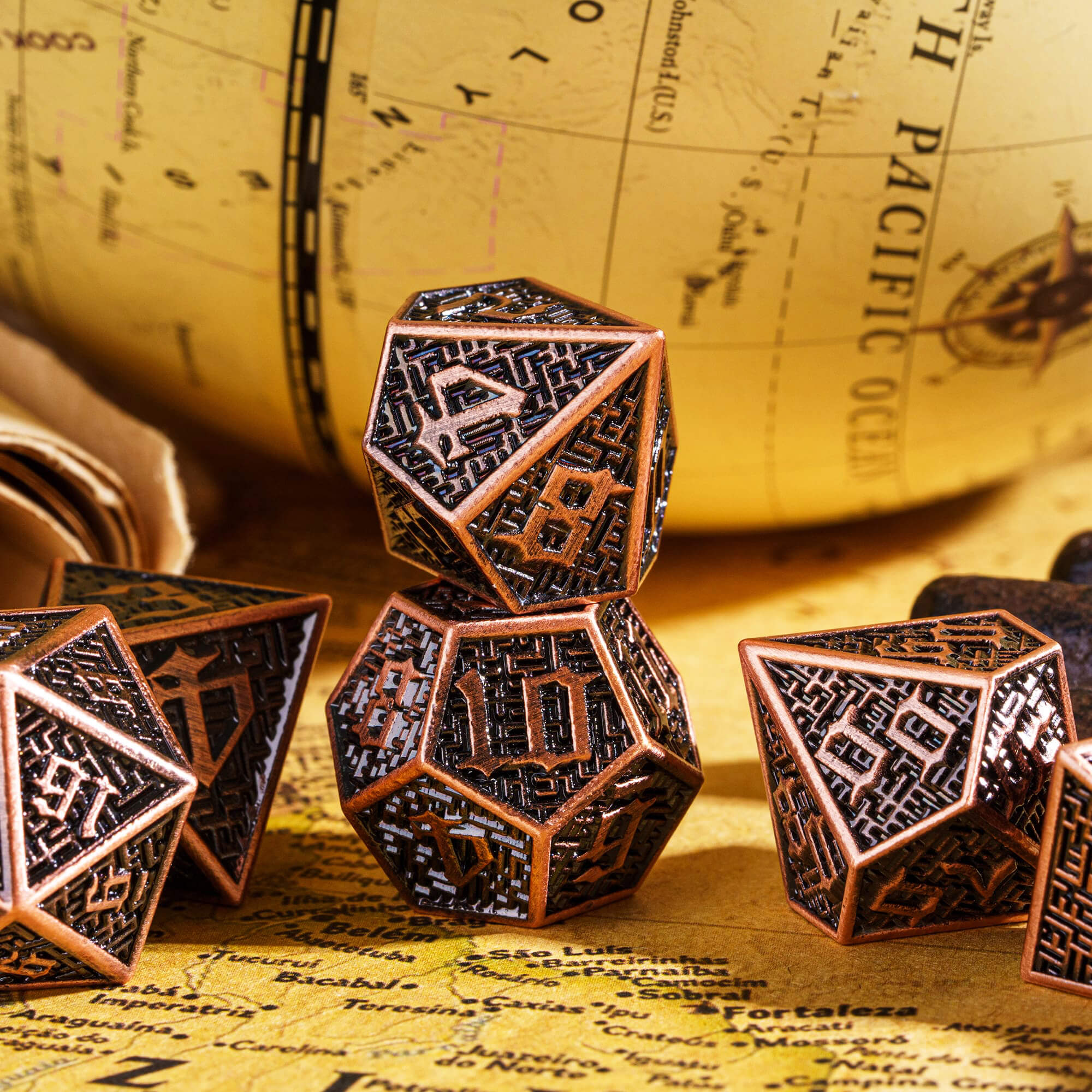 Maze 7 Polyhedral Metal DnD Dice Sets Red Copper - Dice of Dragons