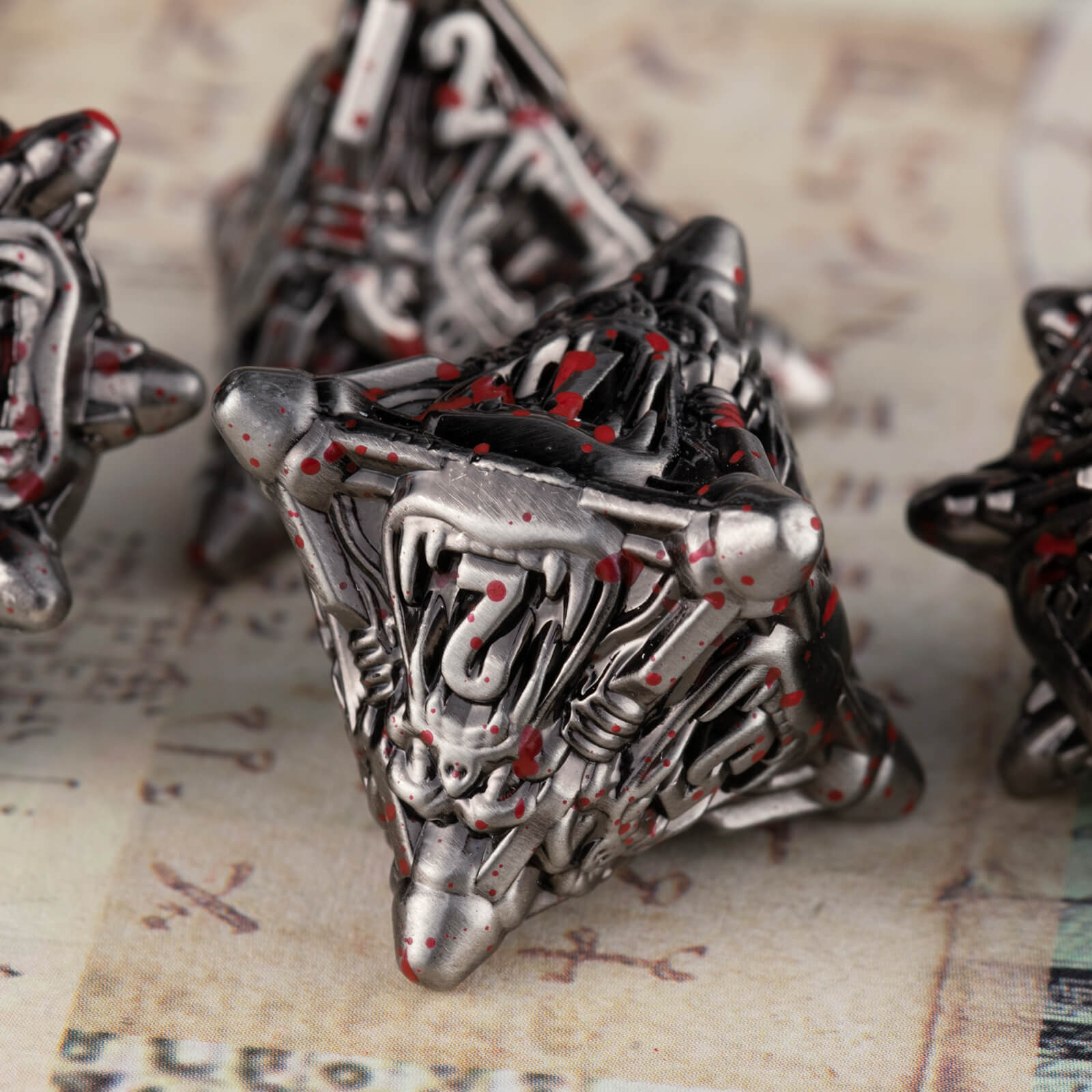 Monster 7 Polyhedral Metal Dice Set DD - Antique Silver Blood - Dice of Dragons