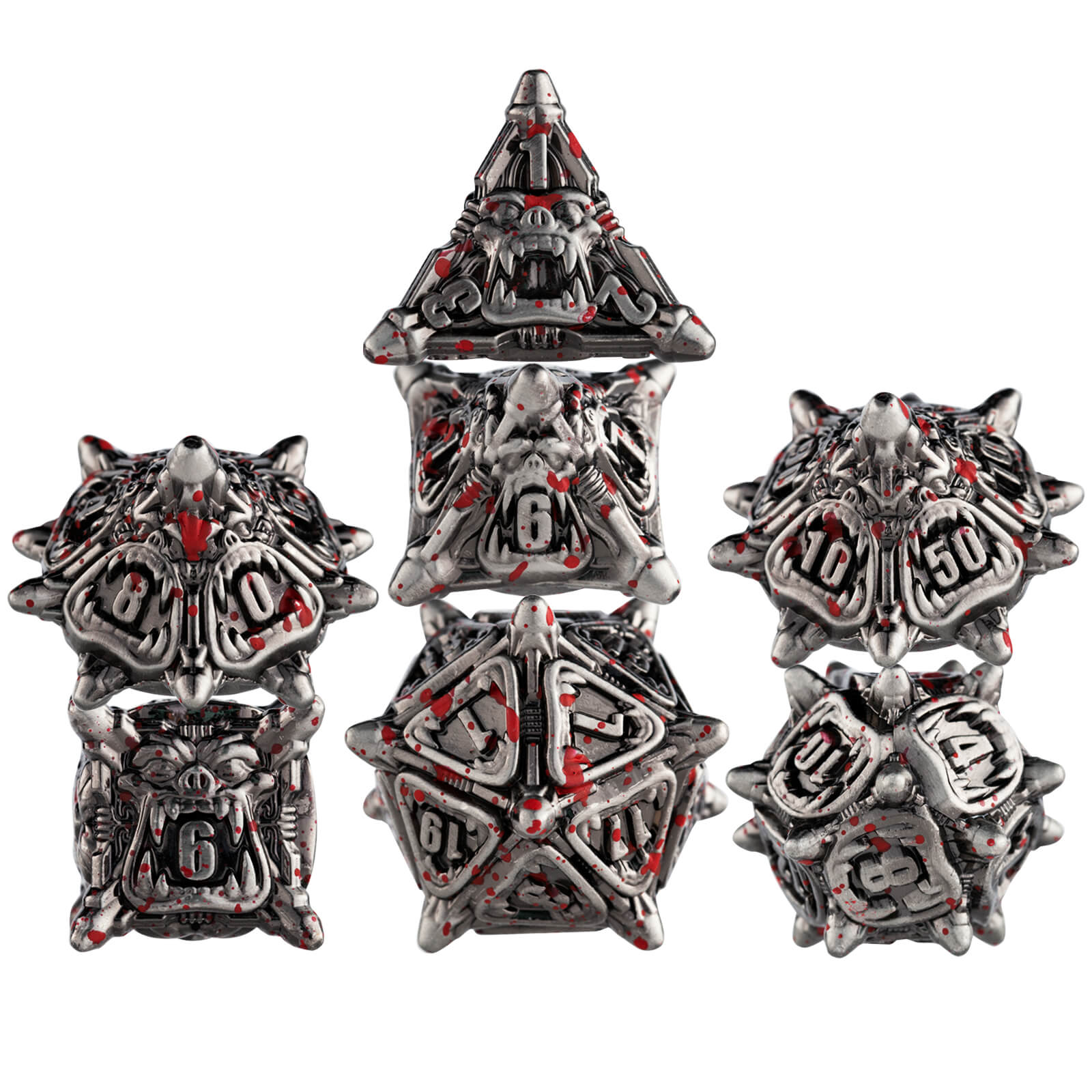 Monster 7 Polyhedral Metal Dice Set DD - Antique Silver Blood - Dice of Dragons