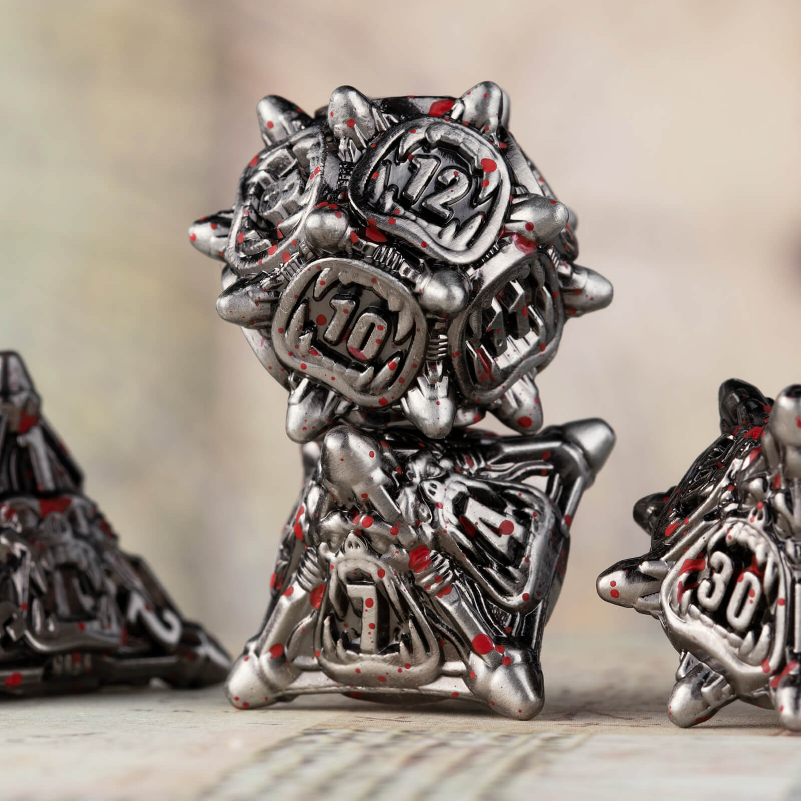 Monster 7 Polyhedral Metal Dice Set DD - Antique Silver Blood - Dice of Dragons