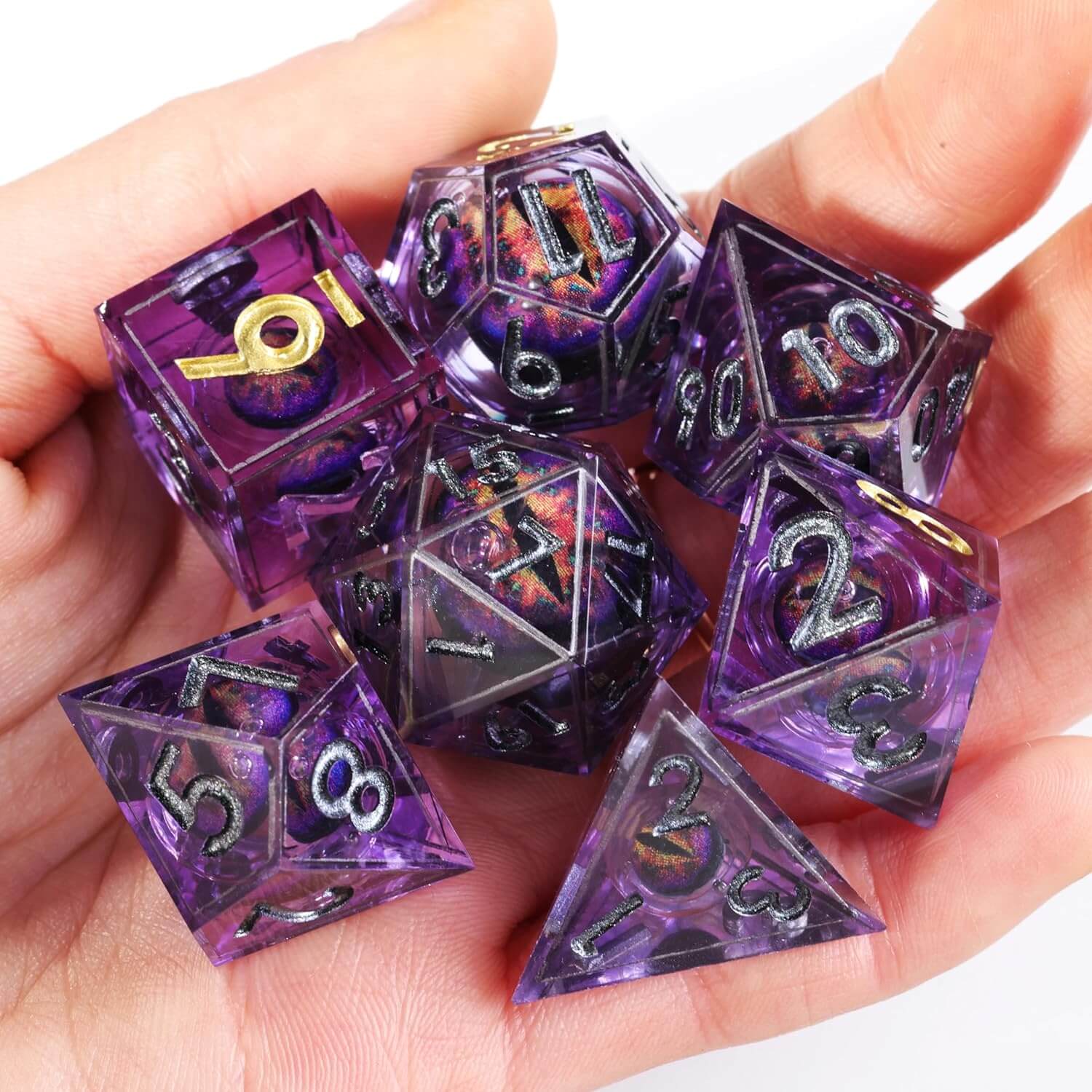 Purple Liquid Core Dragon Eye Resin Polyhedral 7-Piece D&D Dice Set - Dice of Dragons