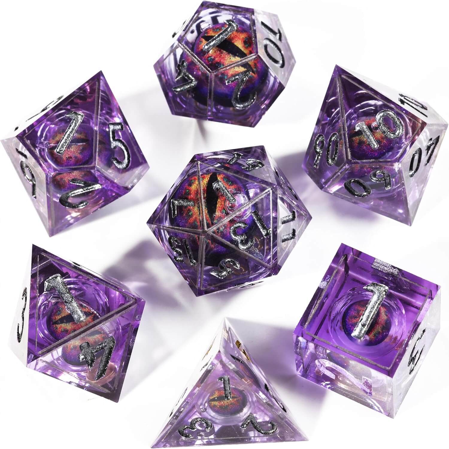 Purple Liquid Core Dragon Eye Resin Polyhedral 7-Piece D&D Dice Set - Dice of Dragons