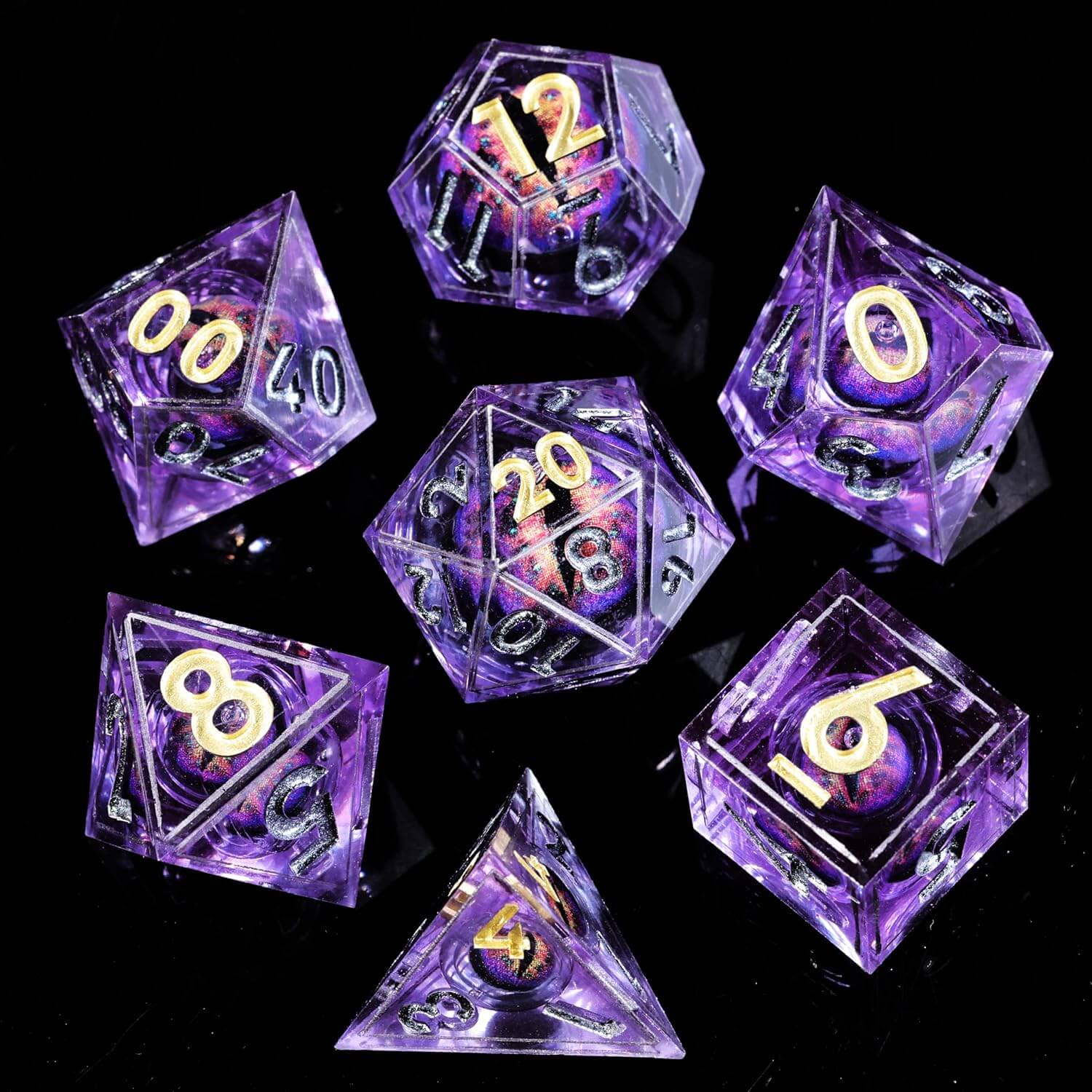 Purple Liquid Core Dragon Eye Resin Polyhedral 7-Piece D&D Dice Set - Dice of Dragons