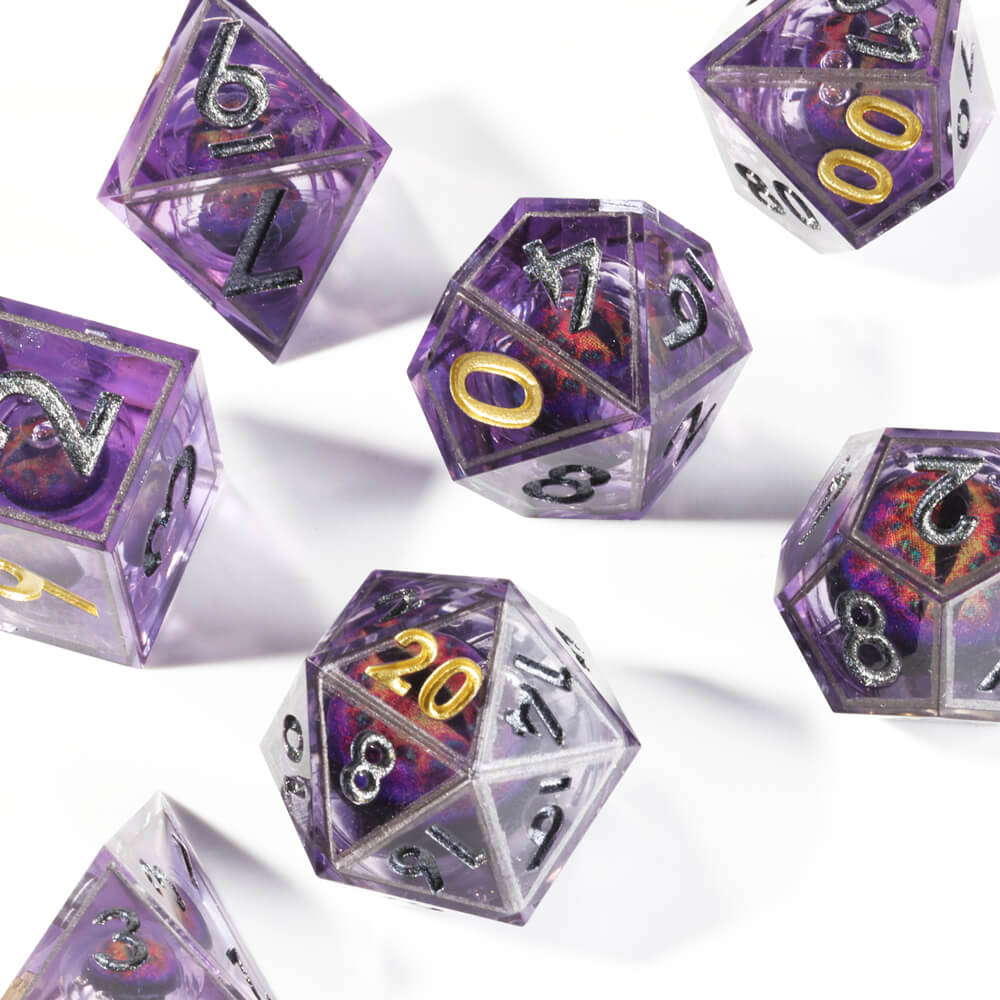 Purple Liquid Core Dragon Eye Resin Polyhedral 7-Piece D&D Dice Set - Dice of Dragons