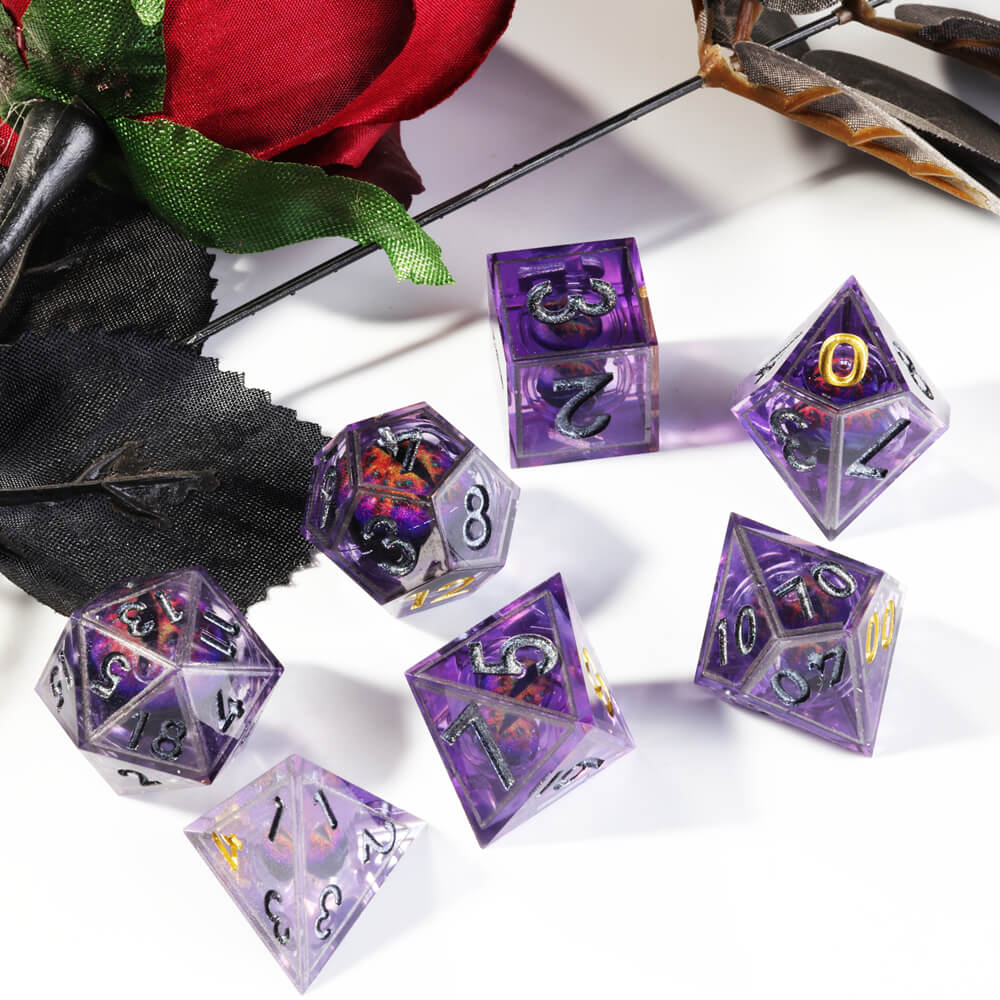 Purple Liquid Core Dragon Eye Resin Polyhedral 7-Piece D&D Dice Set - Dice of Dragons