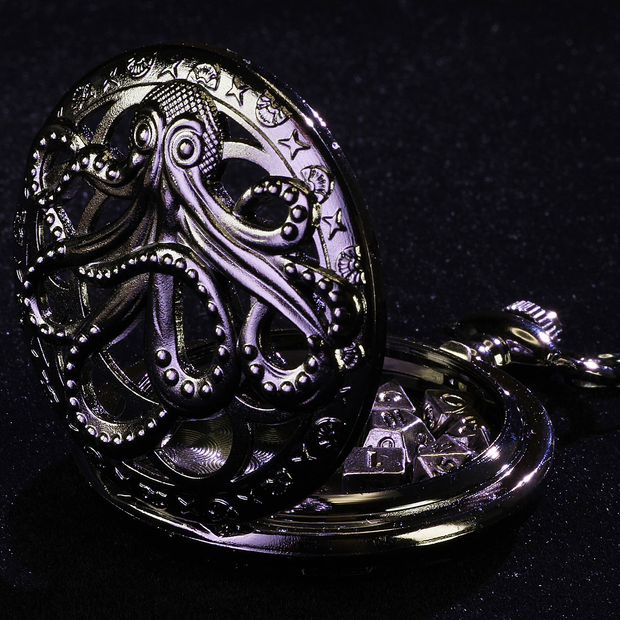 Octopus Mini Polyhedral Metal Dice Set D&D with Pocket Watch Shell Case