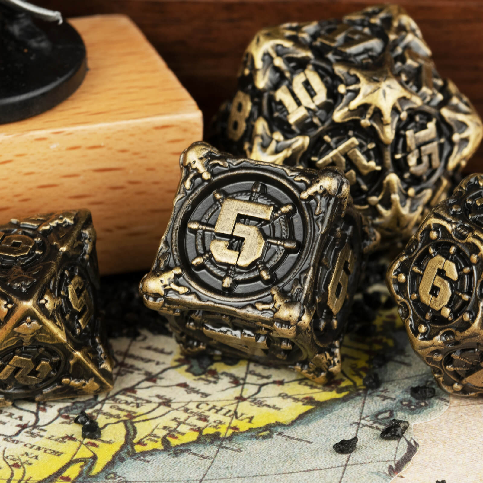 Pirate 7 Polyhedral Metal D and D Dice Set - Bronze - Dice of Dragons