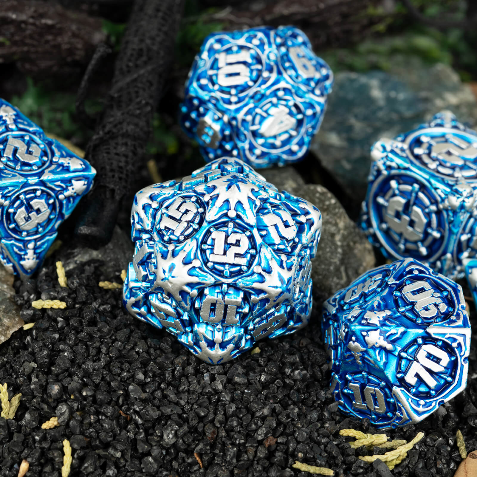 Pirate 7 Polyhedral Metal Dice Set D&D - Dark Blue - Dice of Dragons