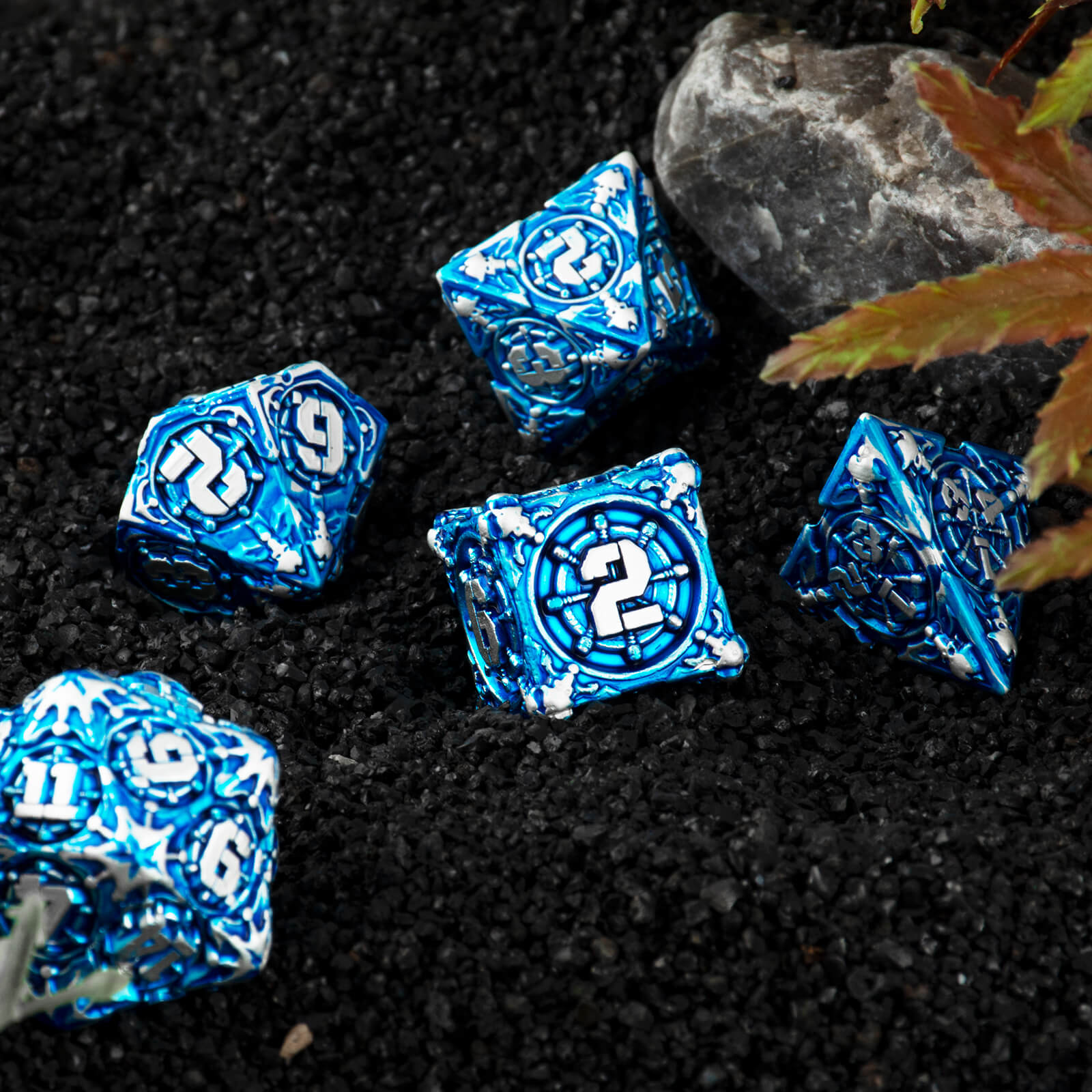 Pirate 7 Polyhedral Metal Dice Set D&D - Dark Blue - Dice of Dragons