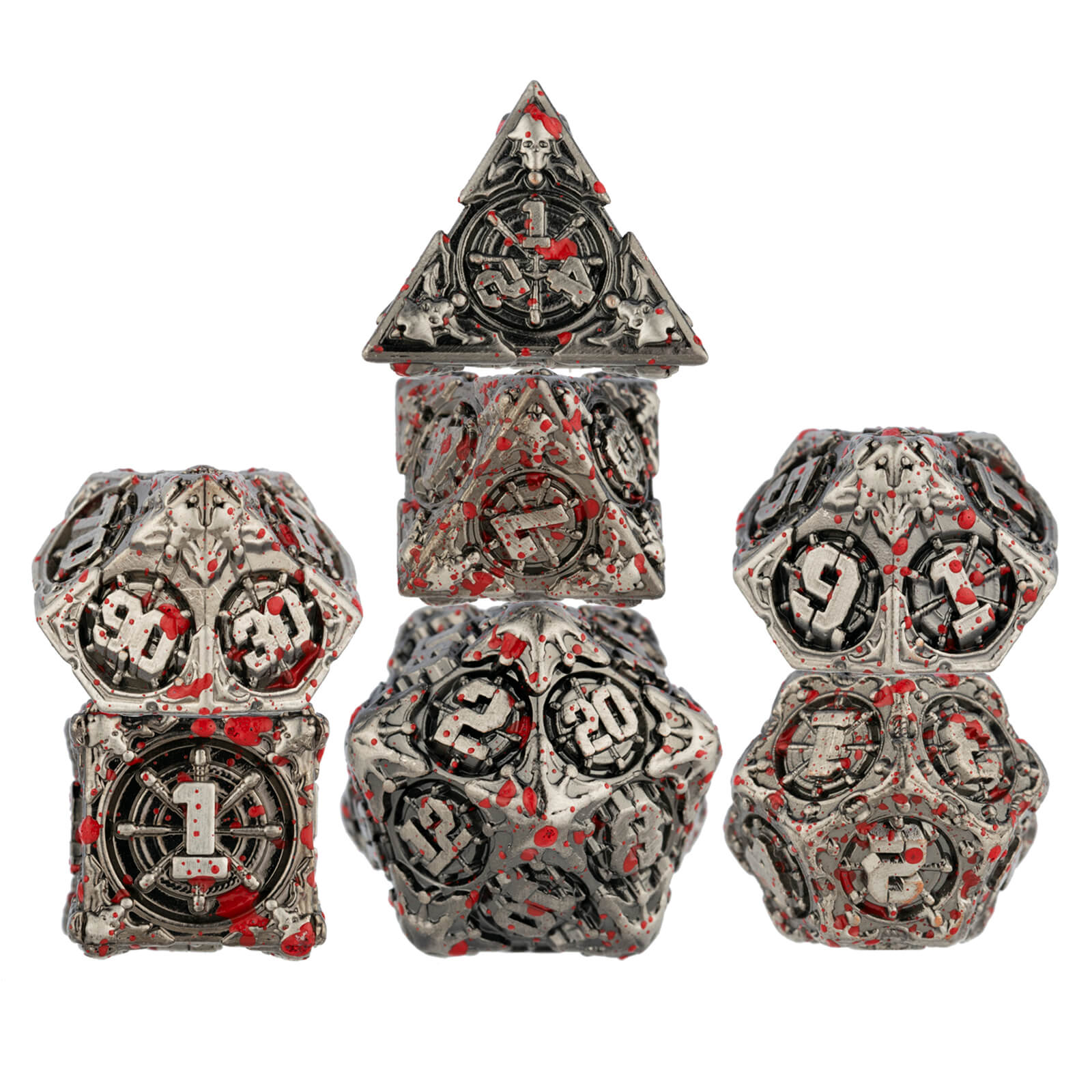 Pirate 7 Polyhedral Metal D&D Dice Set - Antique Nickel Bloodstains - Dice of Dragons