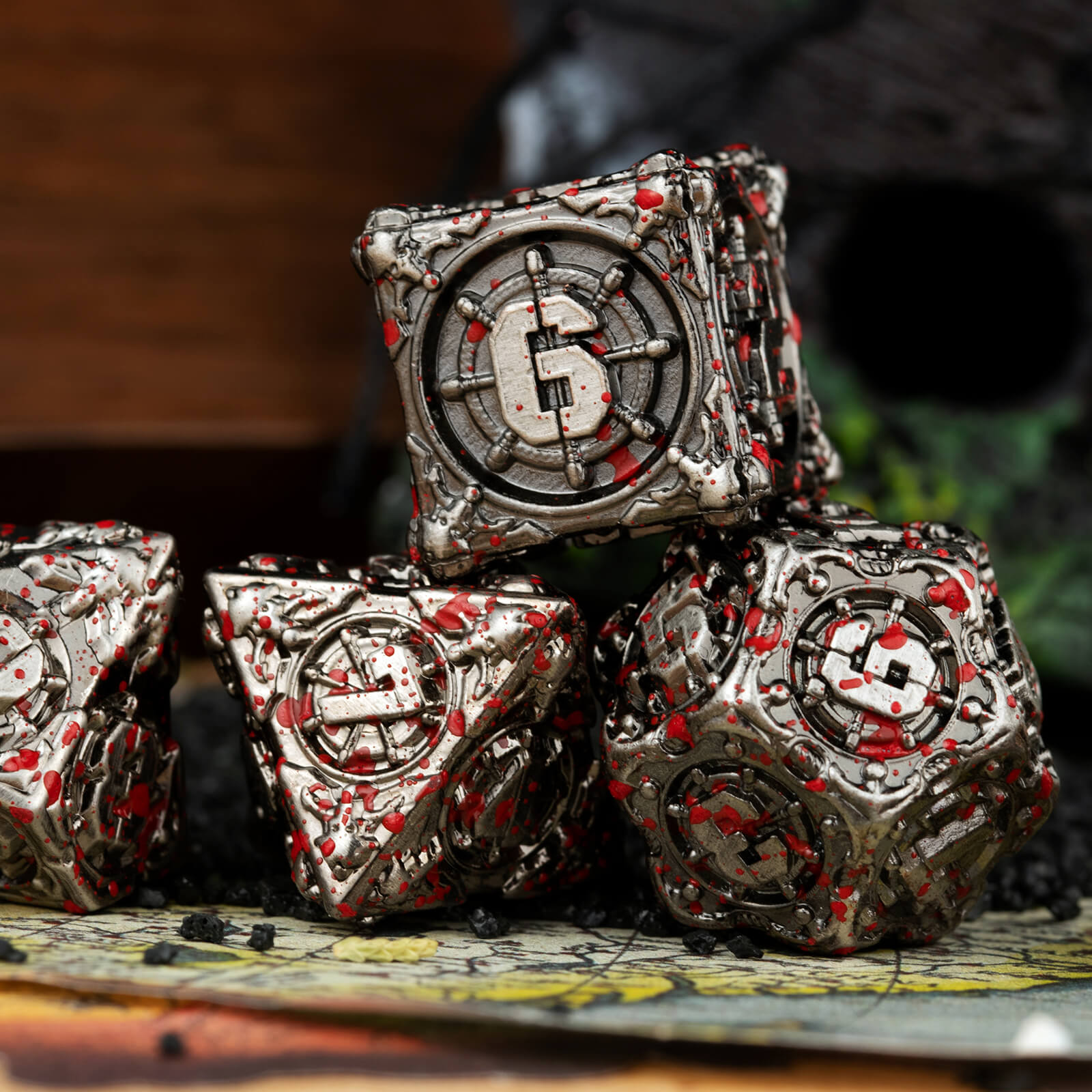 Pirate 7 Polyhedral Metal D&D Dice Set - Antique Nickel Bloodstains - Dice of Dragons