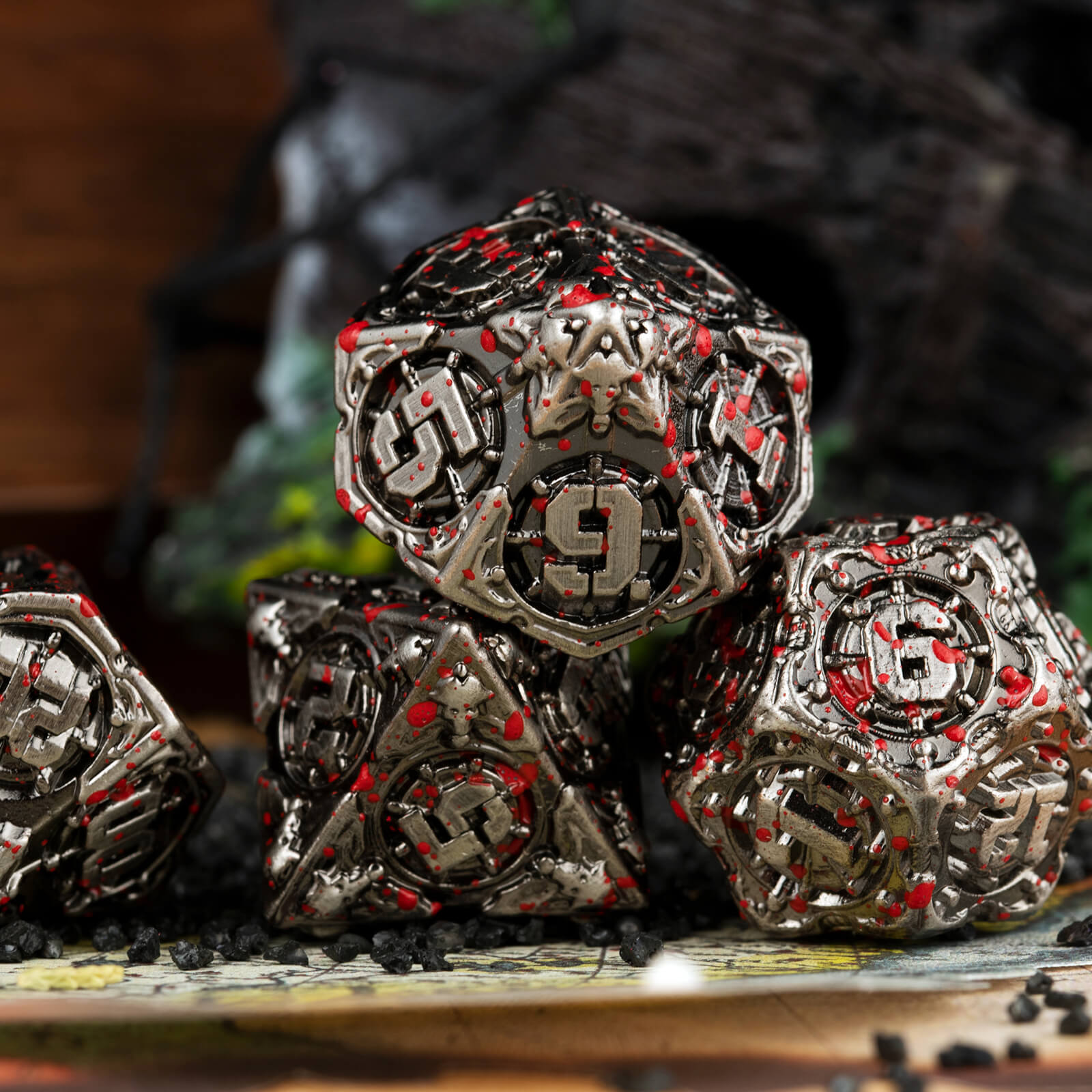 Pirate 7 Polyhedral Metal D&D Dice Set - Antique Nickel Bloodstains - Dice of Dragons