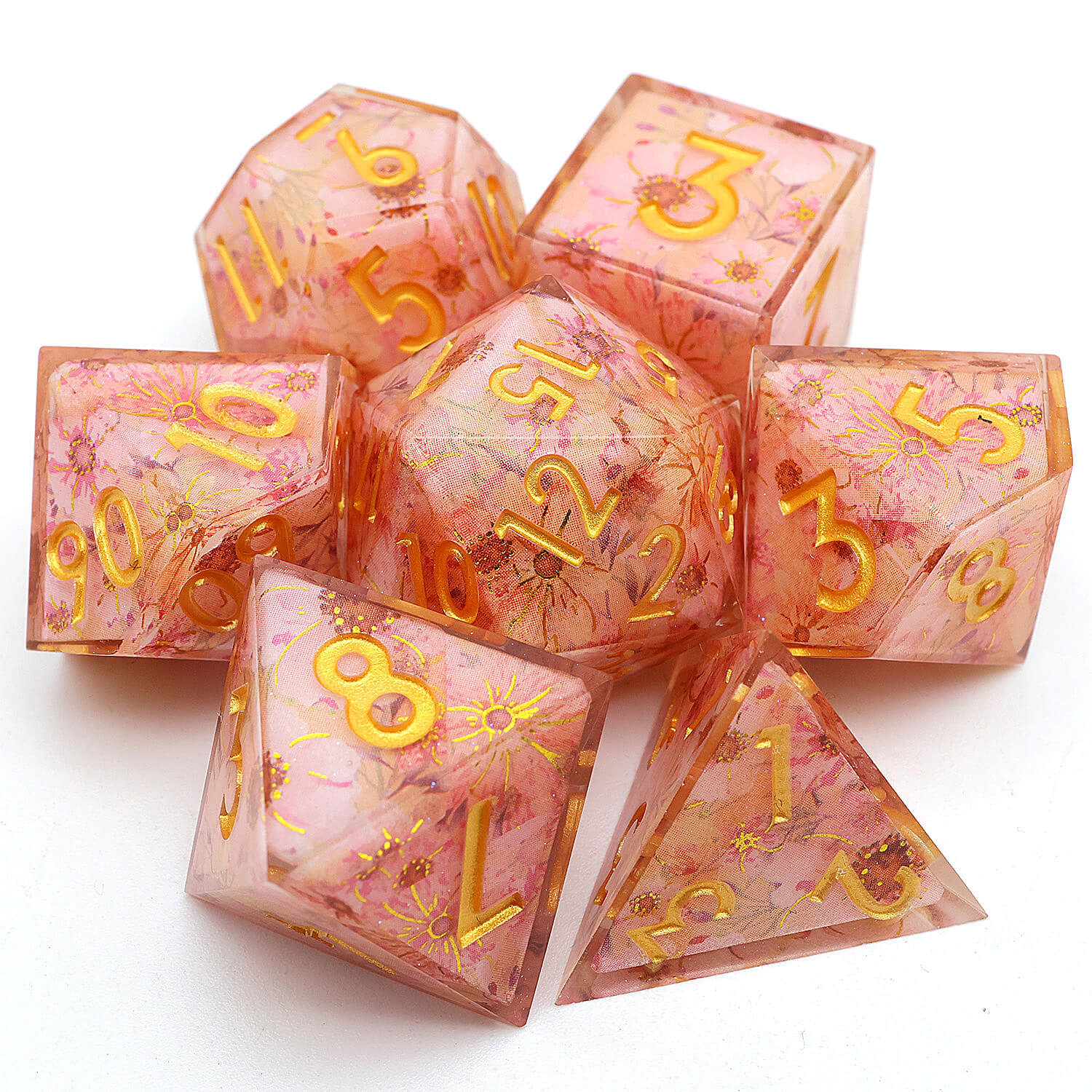 Polyhedral 7 Piece DnD Set Dice Pink Peach Blossom