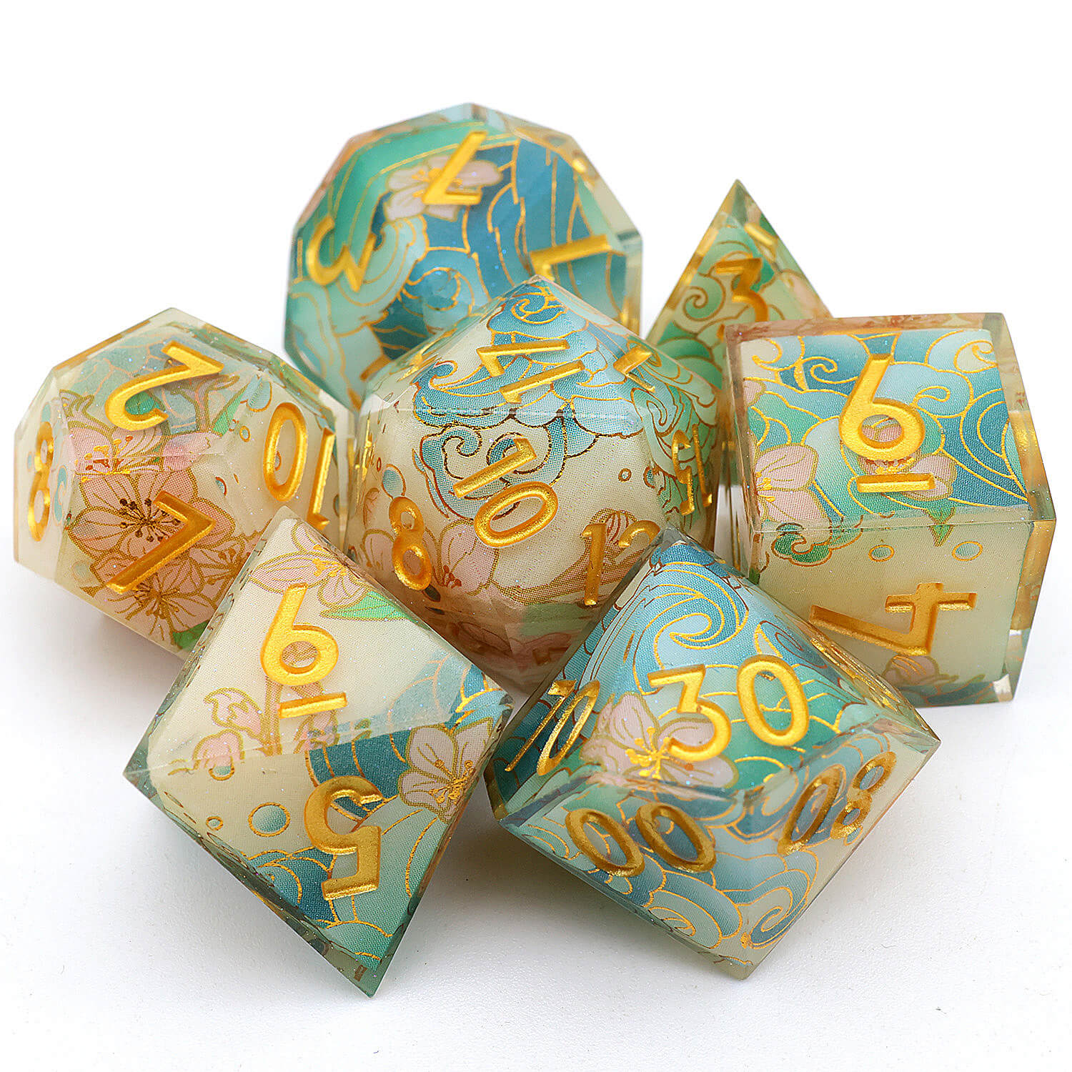 Polyhedral 7 Piece Set Dice DD Flowers and Waves