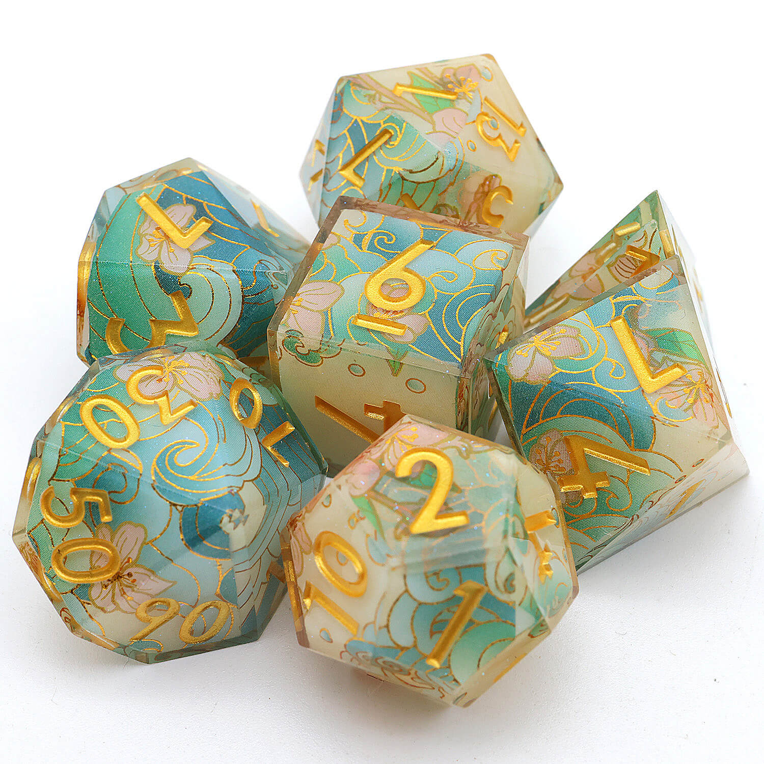 Polyhedral 7 Piece Set Dice DD Flowers and Waves