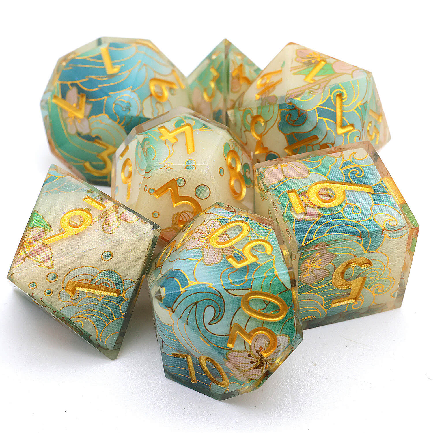 Polyhedral 7 Piece Set Dice DD Flowers and Waves