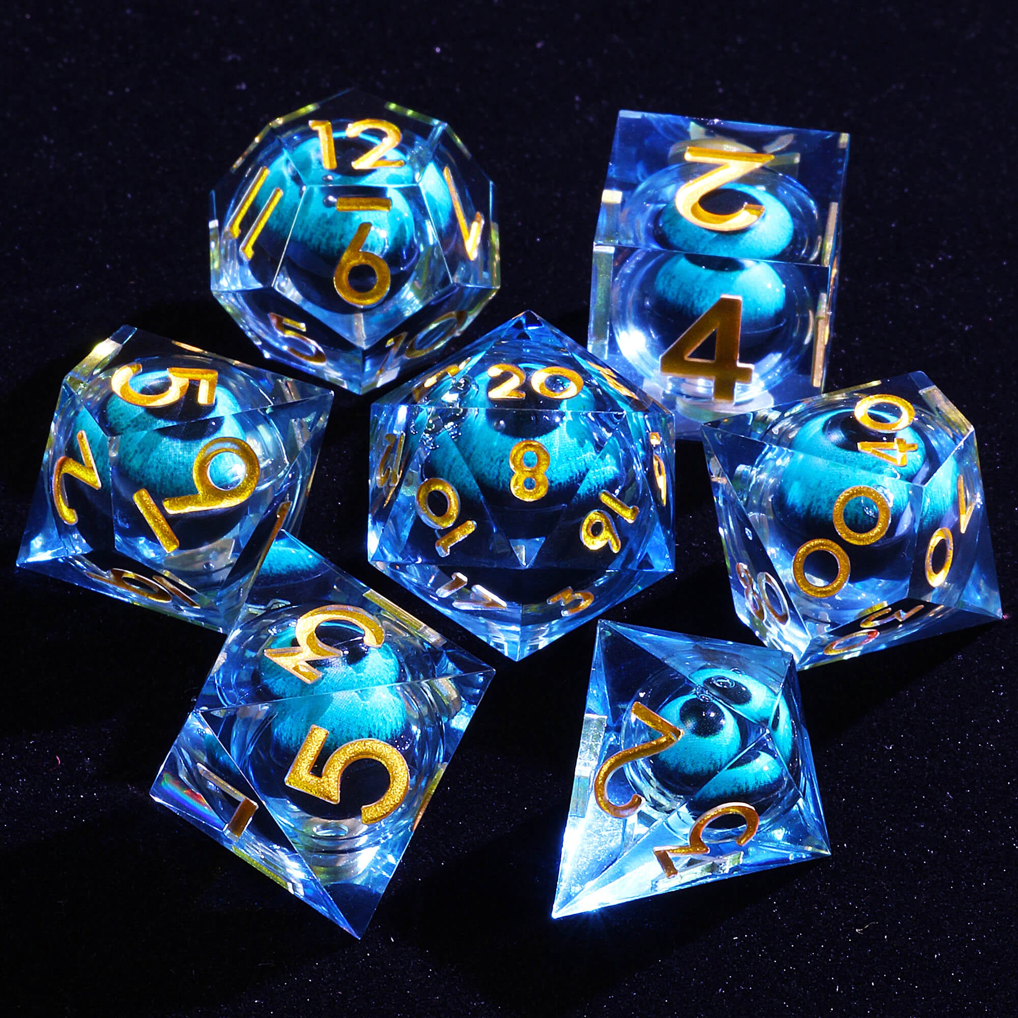 Polyhedral Cool Blue Dragon Eye Liquid Core D and D Dice Sets - Dice of Dragons