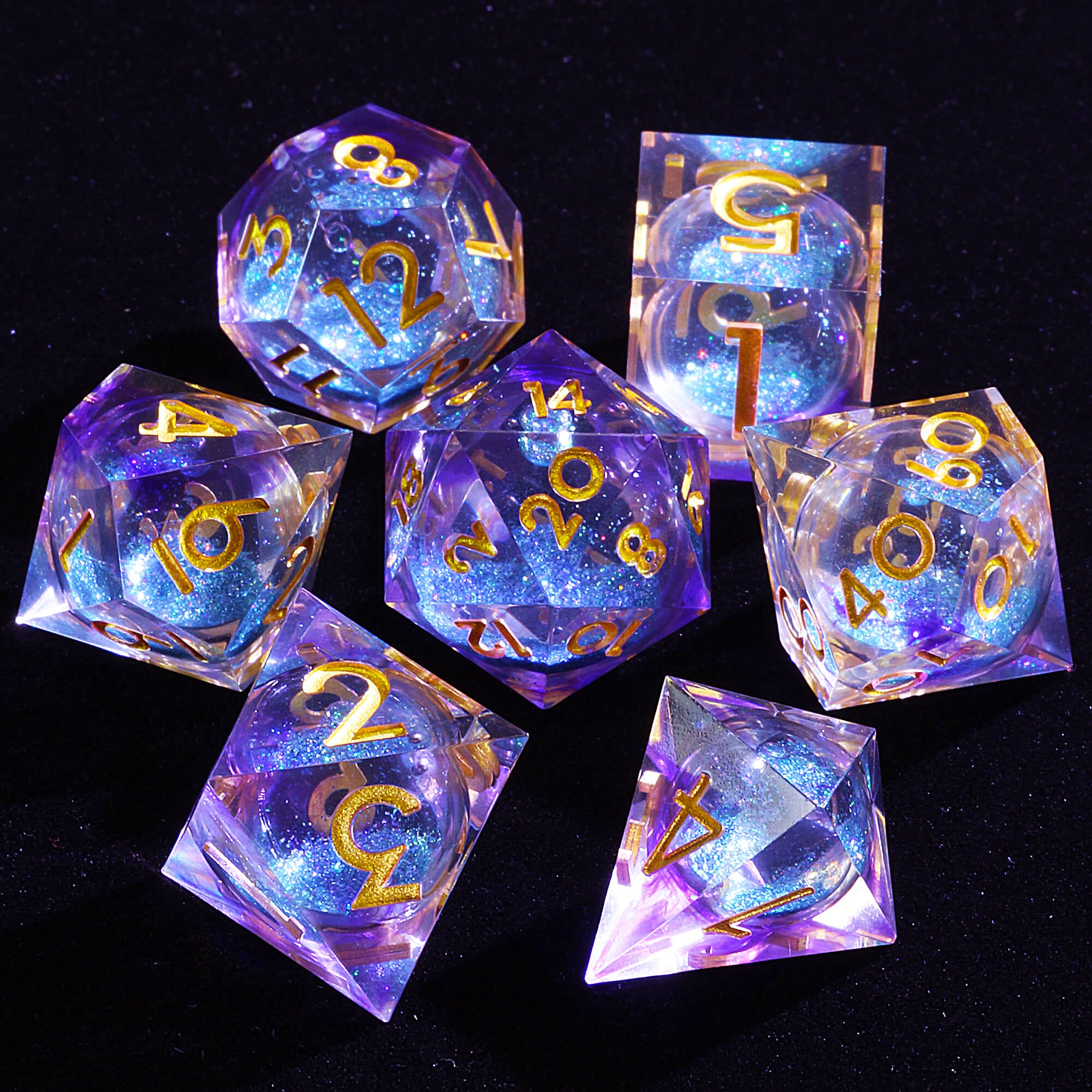 Polyhedral Cool Blue Sand Liquid Core Set of Dice D and D - Dice of Dragons