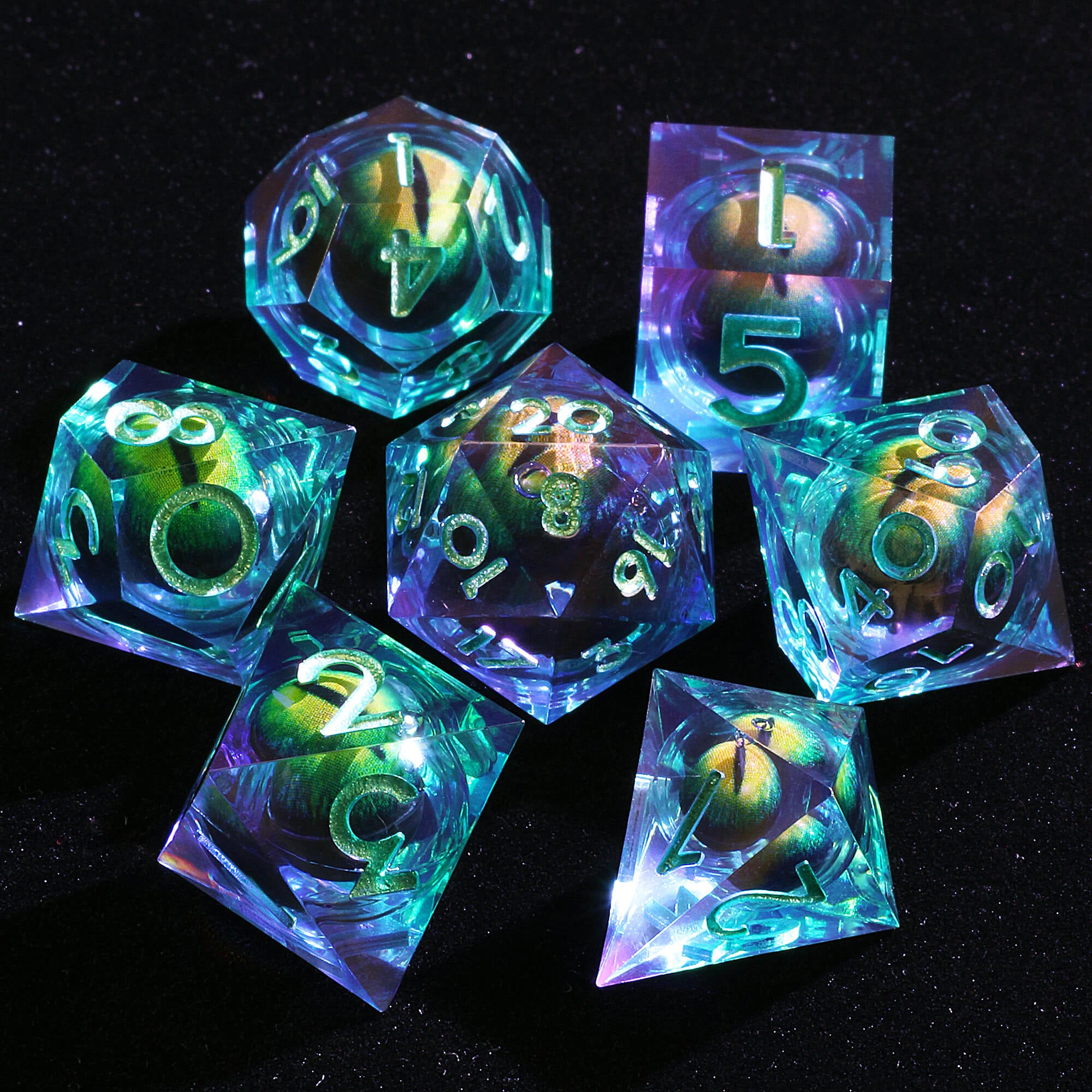 Polyhedral Cool Dragon Eye Liquid Core D and D Dice Set Green - Dice of Dragons