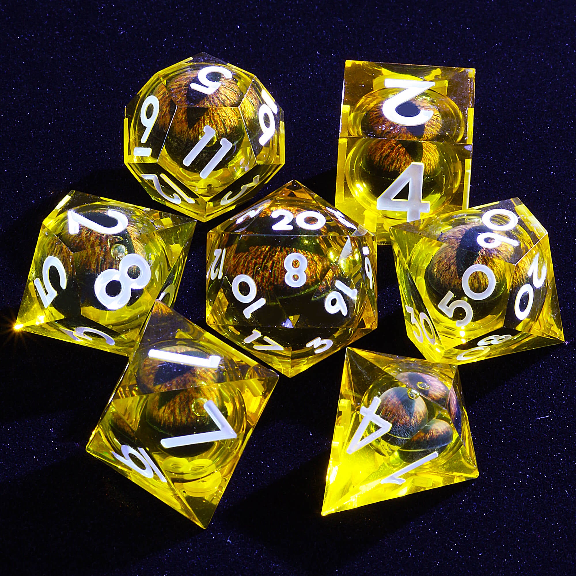 Polyhedral Cool Dragon Eye Liquid Core D and D Set Dice Yellow - Dice of Dragons