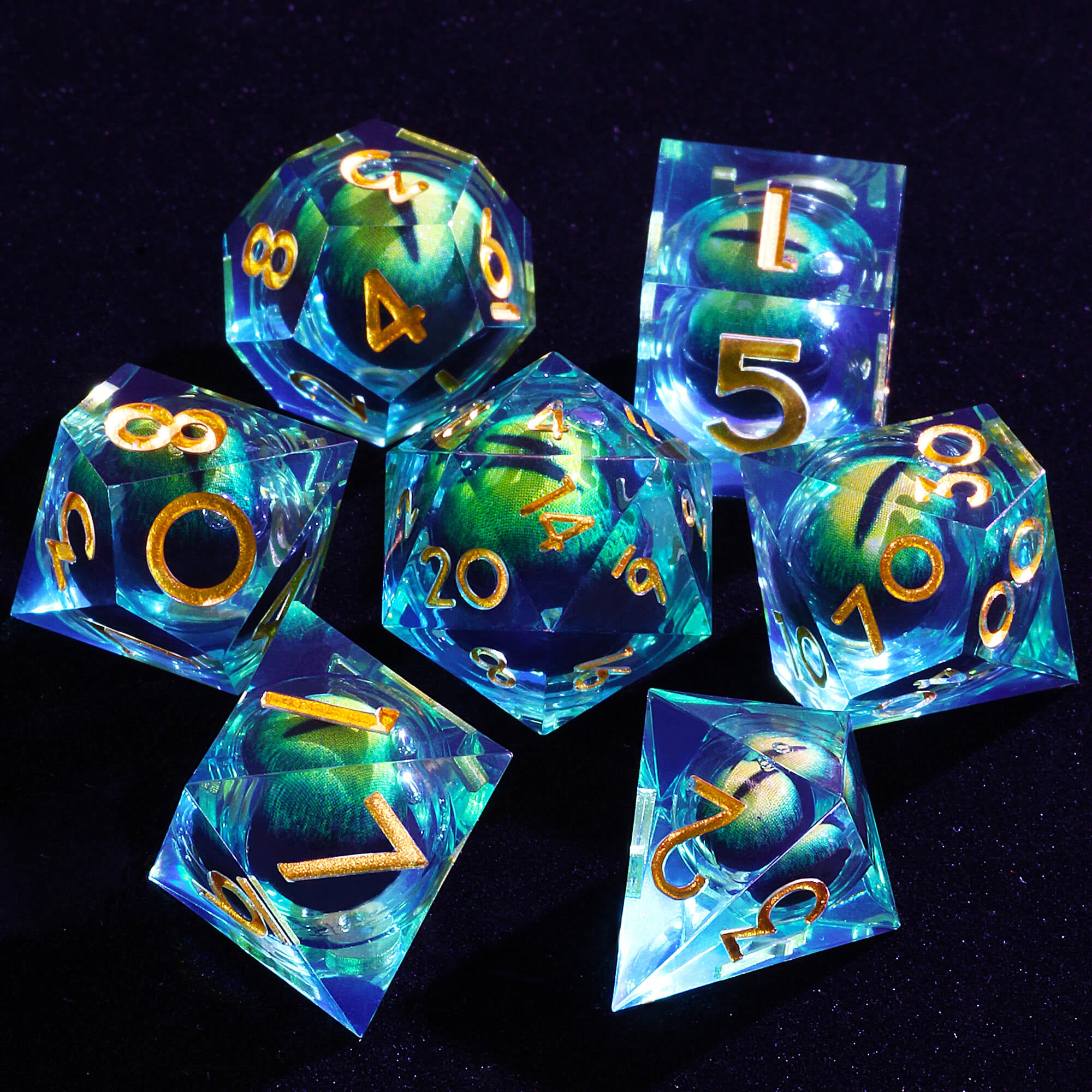 Polyhedral Cool Green Dragon Eye Liquid Core Dice Set D&D - Dice of Dragons