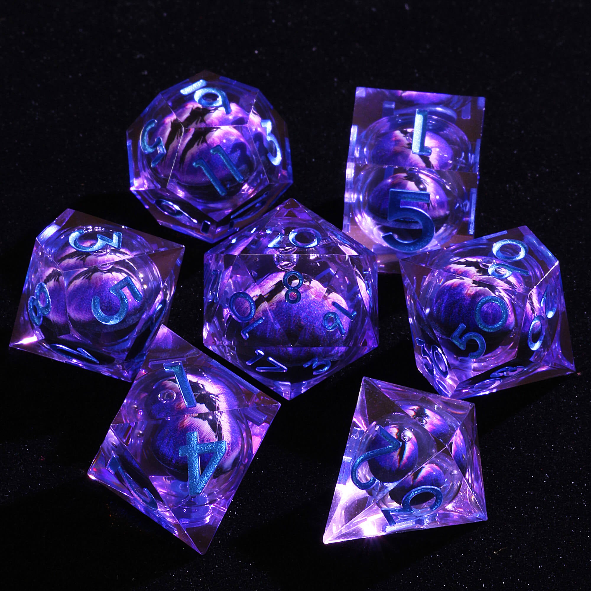 Polyhedral Cool Purple Dragon Eye Liquid Core DnD Dice Set - Dice of Dragons