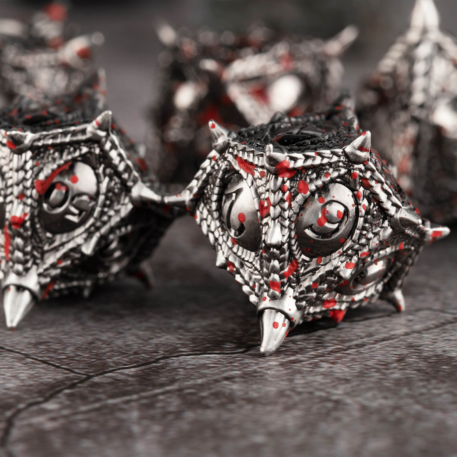 Polyhedral Dragon Eye Metal D and D Dice Set - Antique Silver Blood - Dice of Dragons