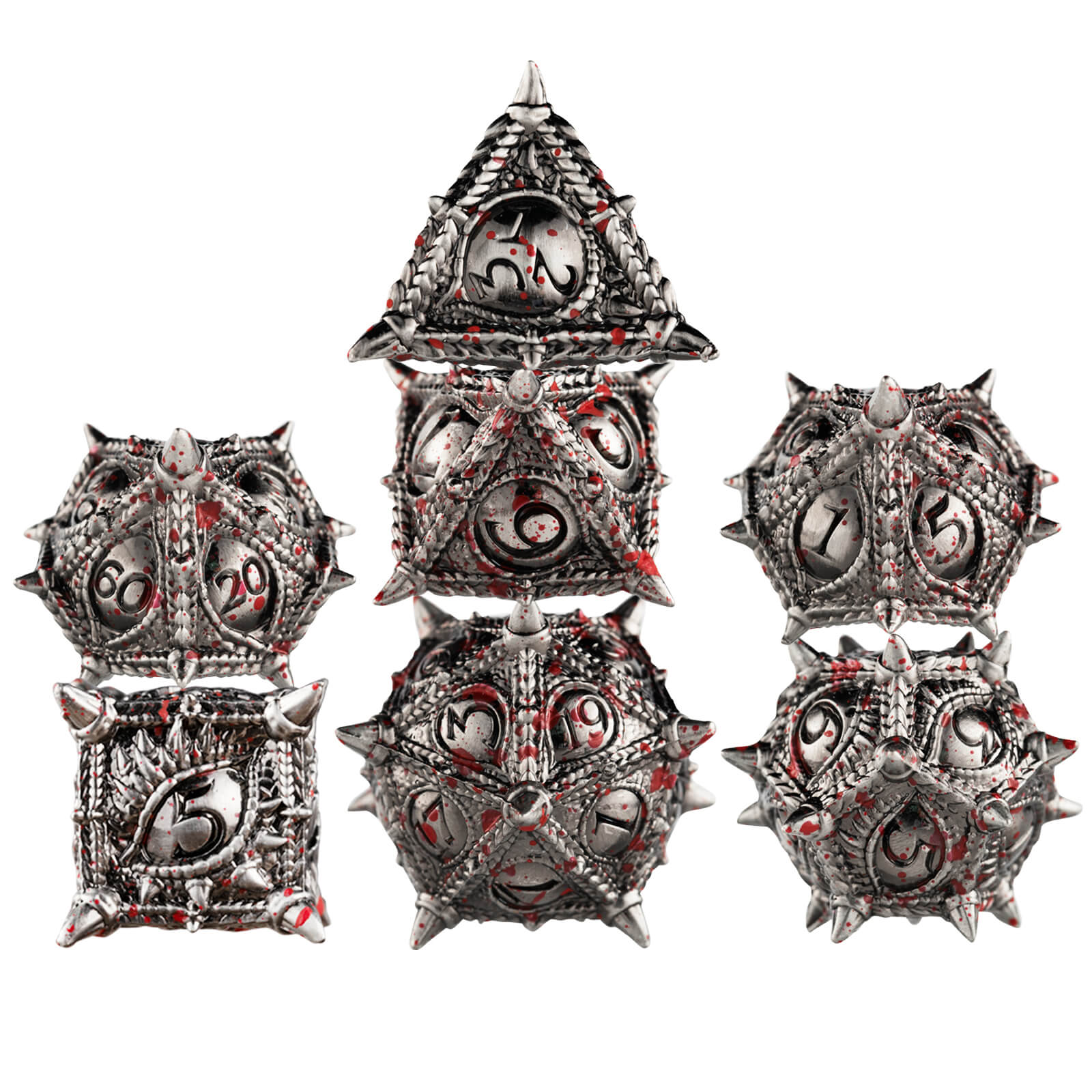 Polyhedral Dragon Eye Metal D and D Dice Set - Antique Silver Blood - Dice of Dragons