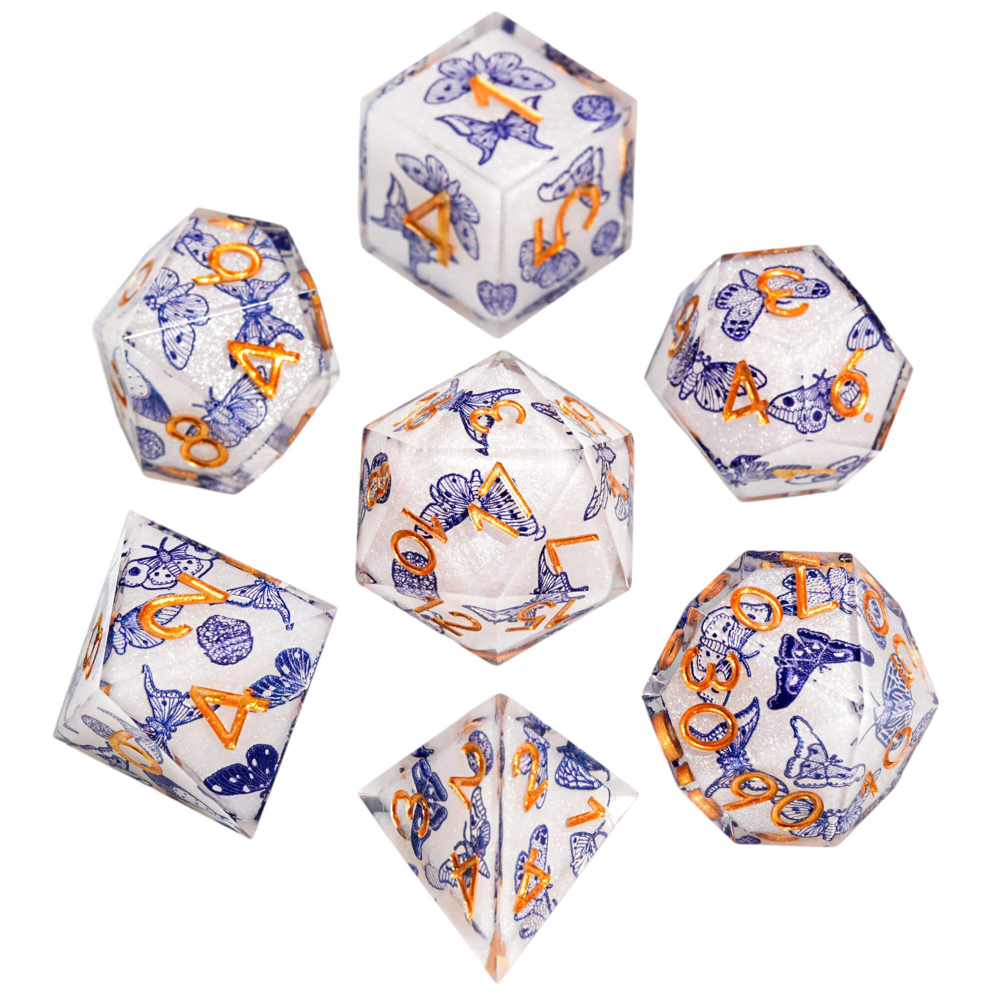 Polyhedral RGP Cool DnD Dice Sets - Blue and White Porcelain Butterfly - Dice of Dragons