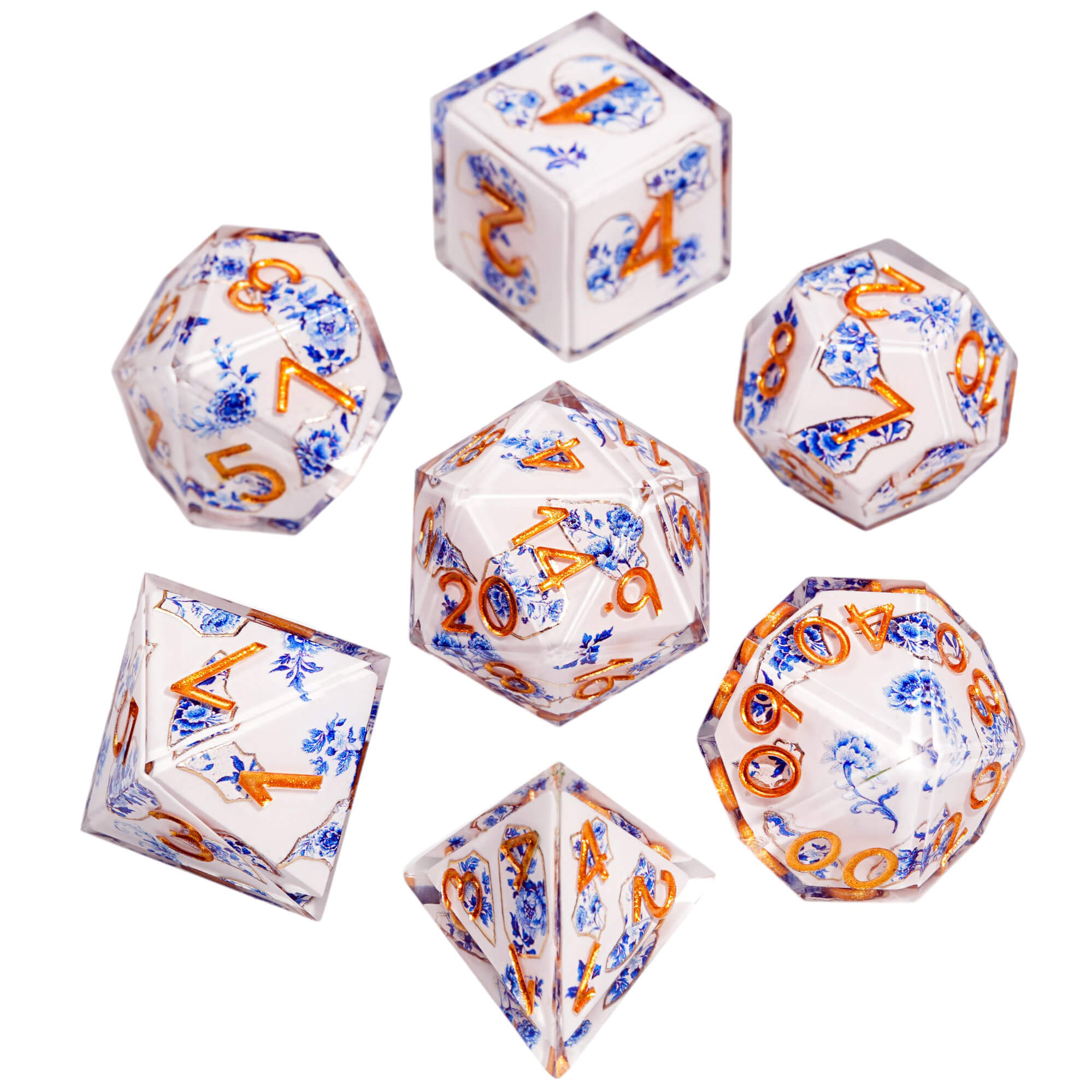 Polyhedral RGP Cool DnD Dice Sets - Blue and White Porcelain Flower - Dice of Dragons