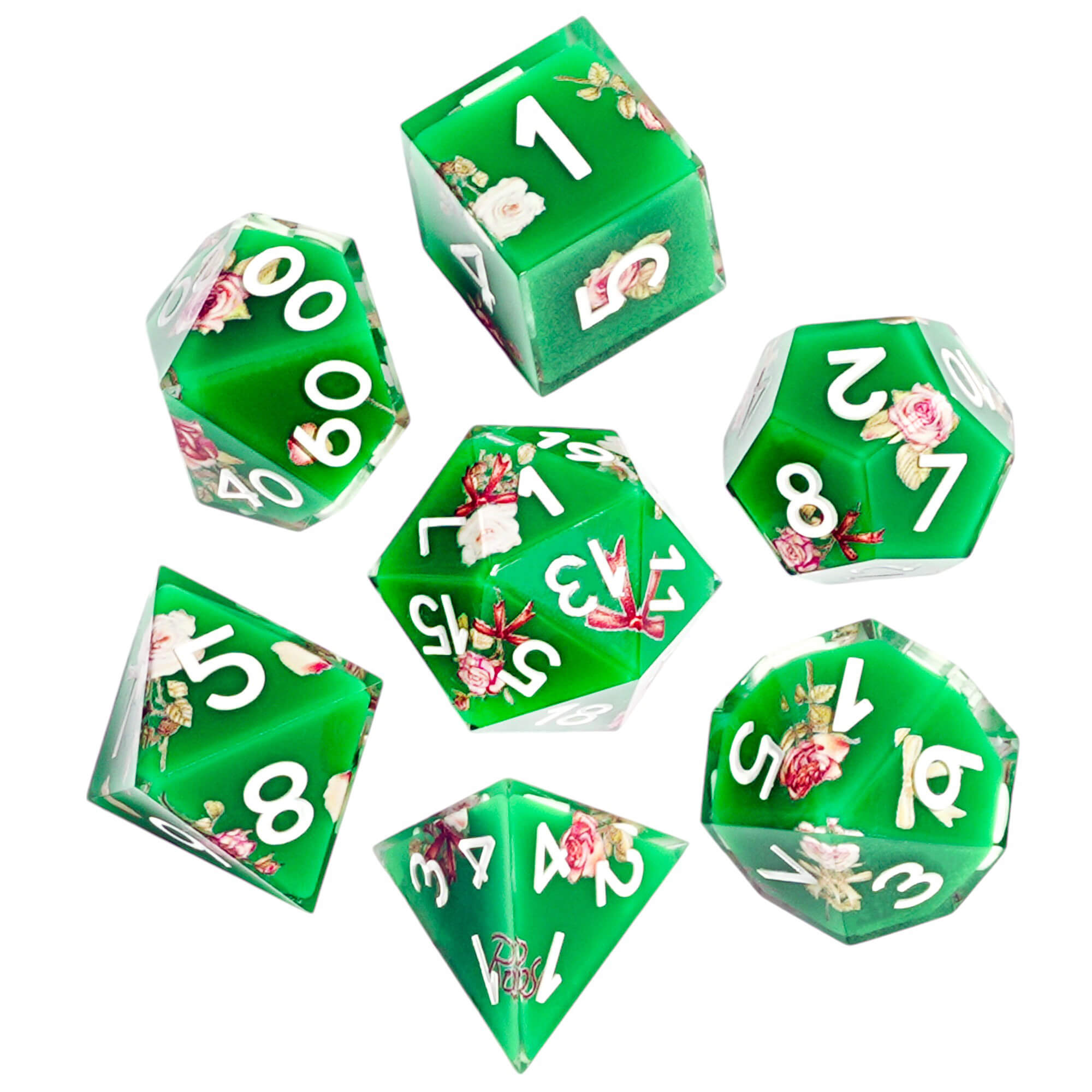 Polyhedral RGP Cool DnD Dice Sets - Green Flower - Dice of Dragons