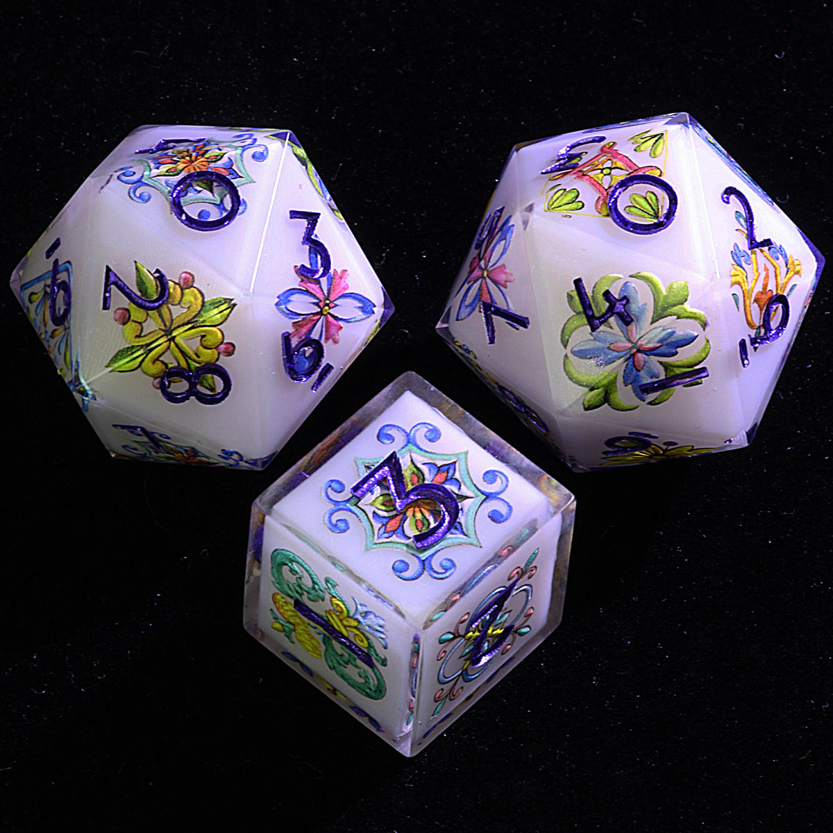 Polyhedral Resin 20 Sided D10 and 6 Sided D3 Dice Set Draw Steel Porcelain Bloom