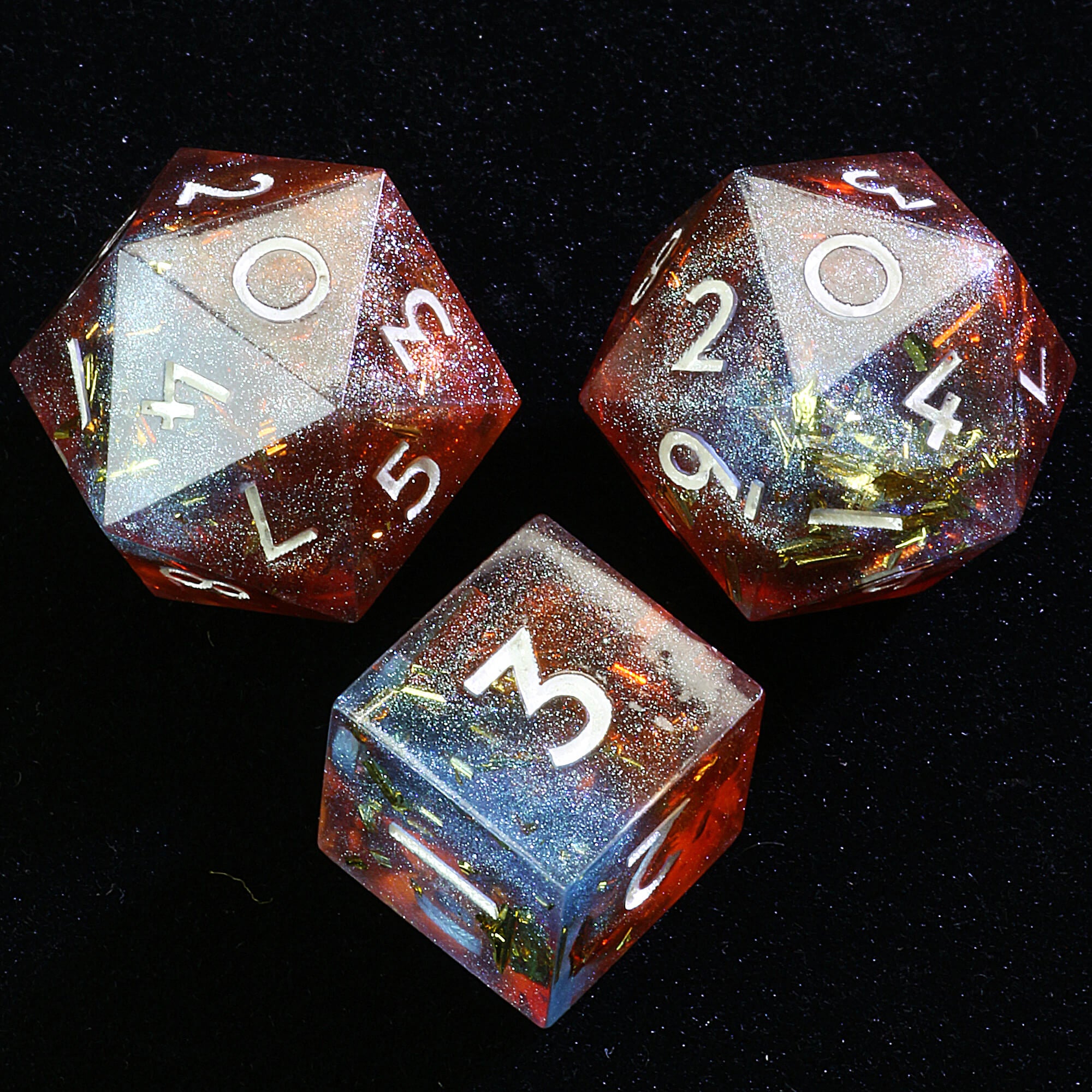 Polyhedral Resin 20 Sided D10 and 6 Sided D3 Set Draw Steel Dice Bloodfire Frost