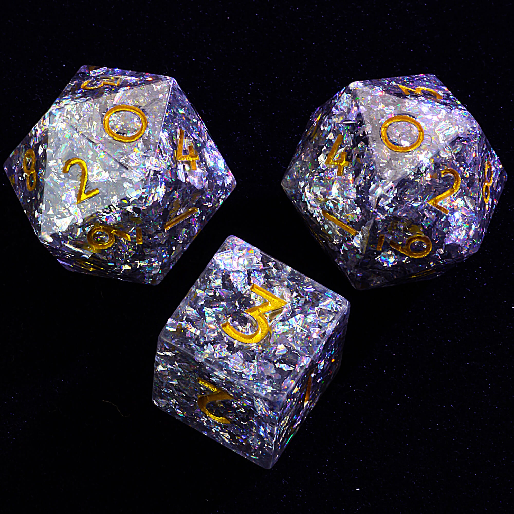 Polyhedral Resin 20 Sided D10 and 6 Sided D3 Sets of Draw Steel Dice Gilded Frost