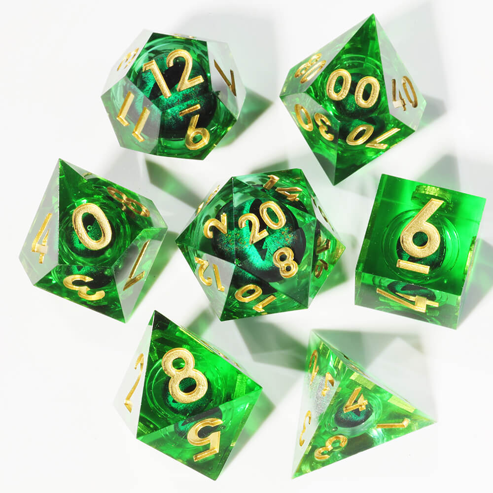 Polyhedral Resin Green Dragon Eye Liquid Core Dice Set DnD - Dice of Dragons