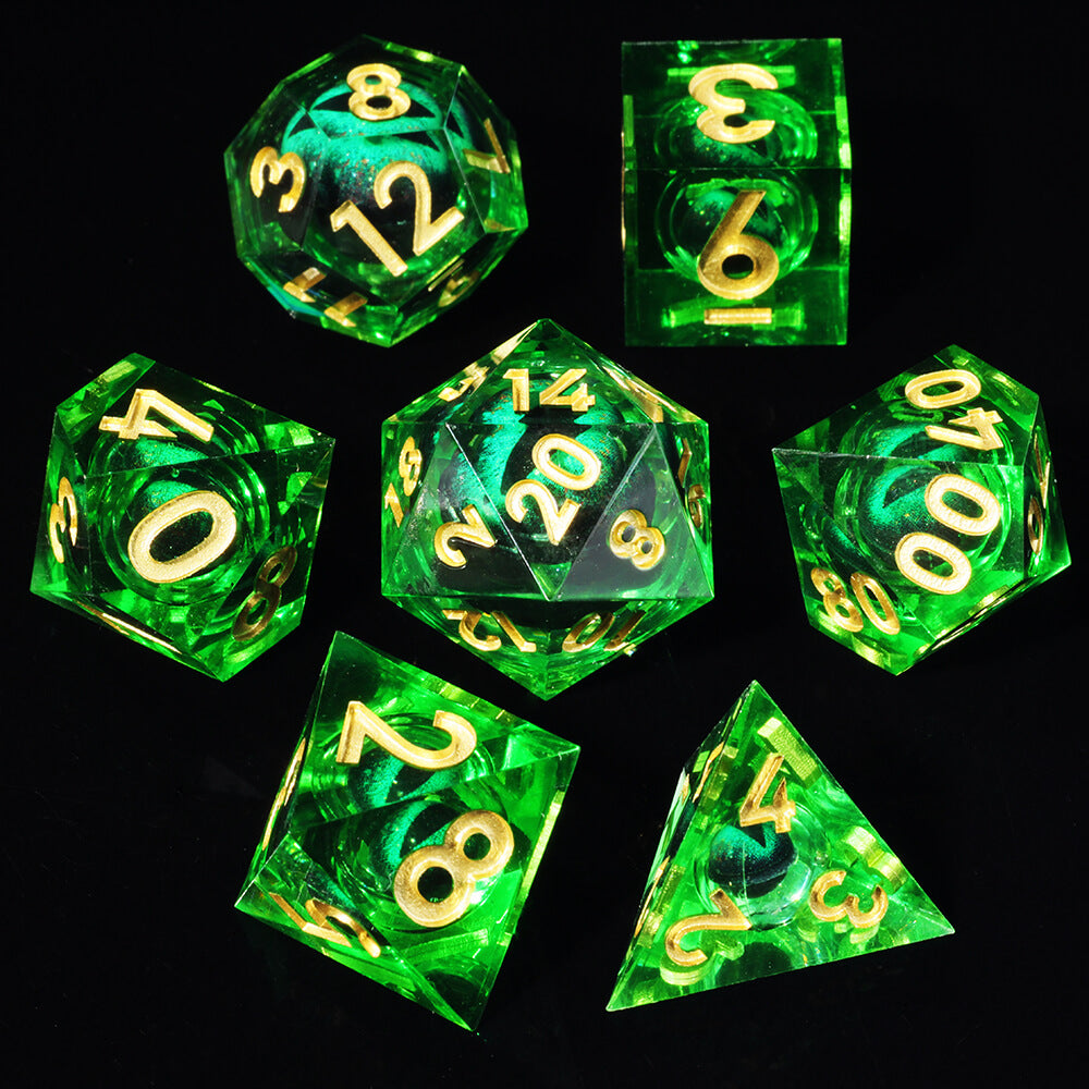 Polyhedral Resin Green Dragon Eye Liquid Core Dice Set DnD - Dice of Dragons