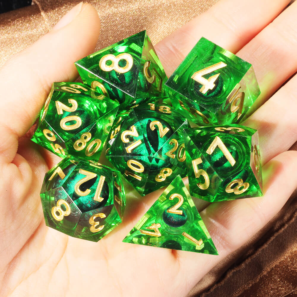 Polyhedral Resin Green Dragon Eye Liquid Core Dice Set DnD - Dice of Dragons