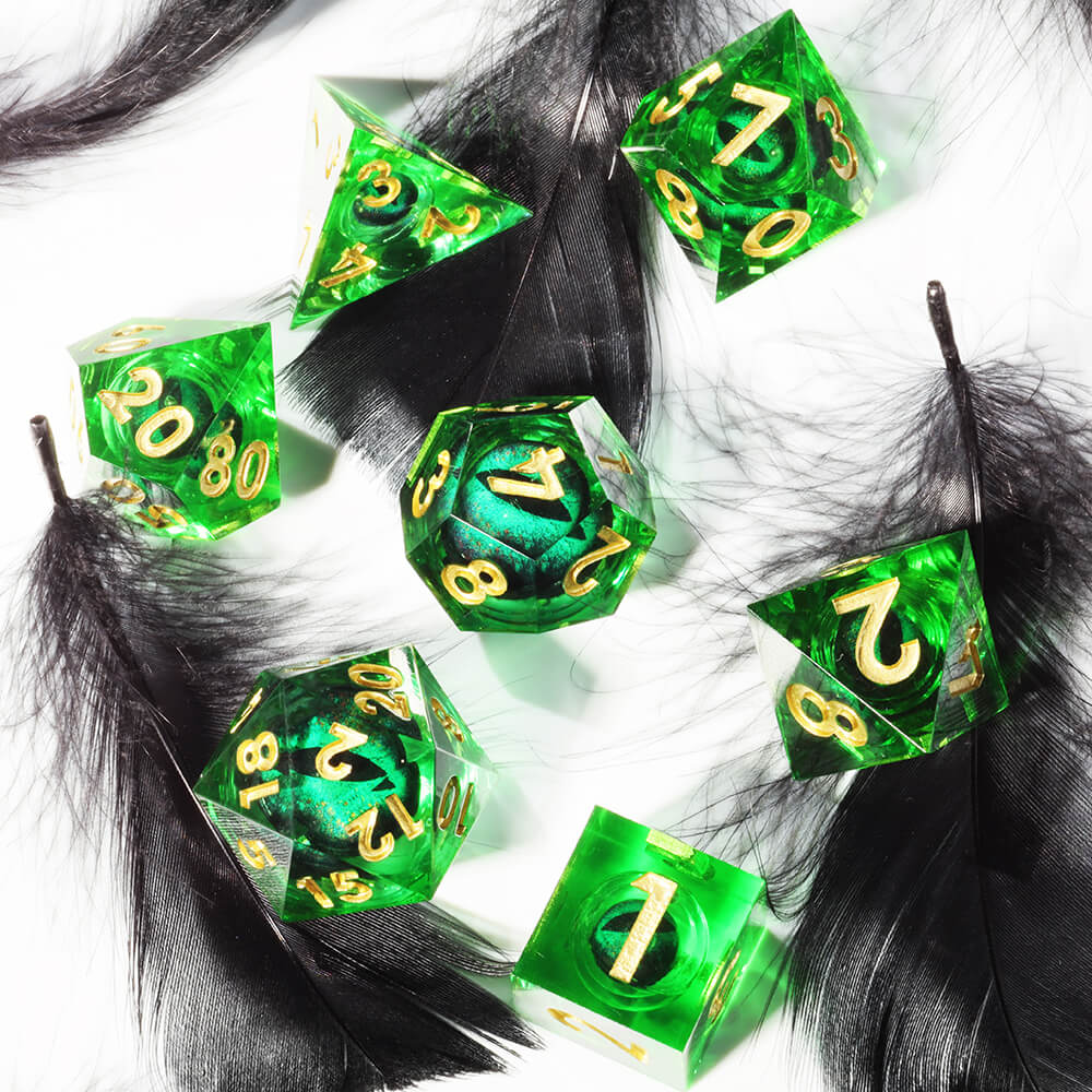 Polyhedral Resin Green Dragon Eye Liquid Core Dice Set DnD - Dice of Dragons