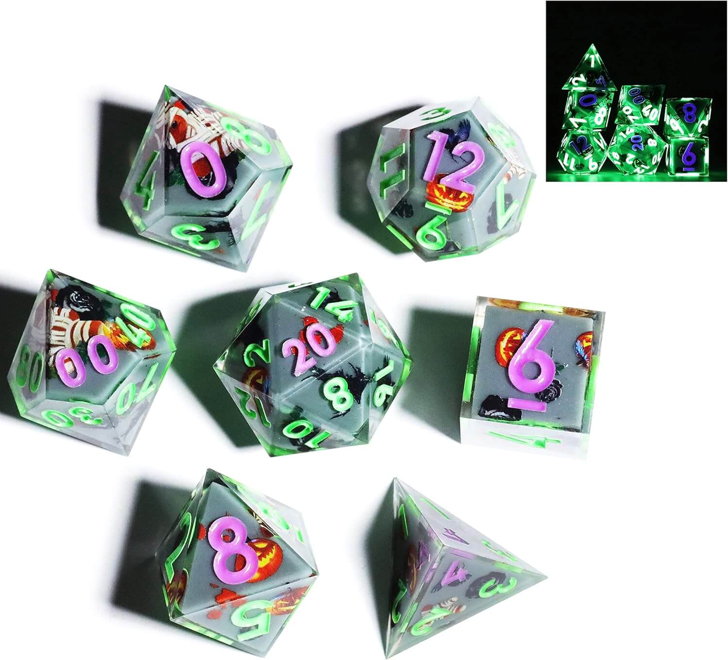 Pumpkin Glow Sharp Edge Resin Polyhedral 7-Piece D&D Dice Set - Dice of Dragons