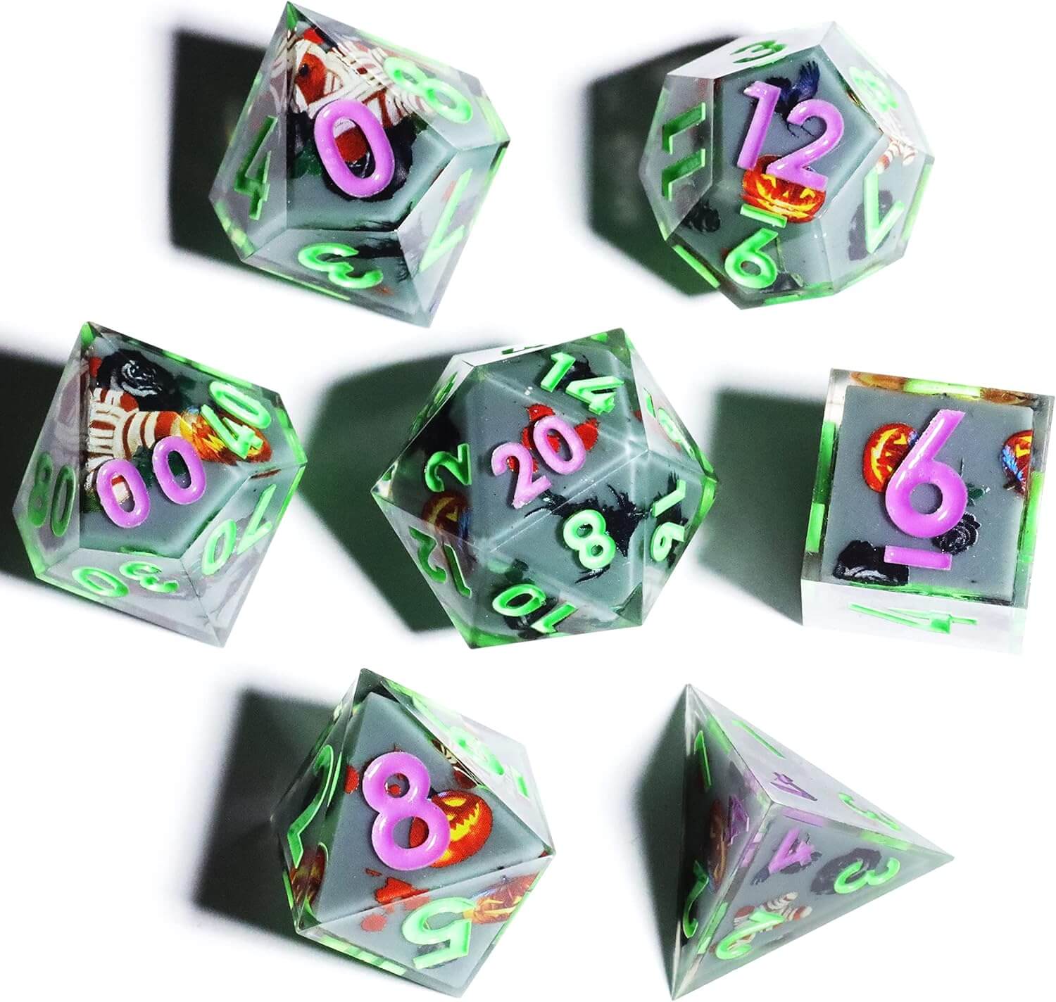 Pumpkin Glow Sharp Edge Resin Polyhedral 7-Piece D&D Dice Set - Dice of Dragons