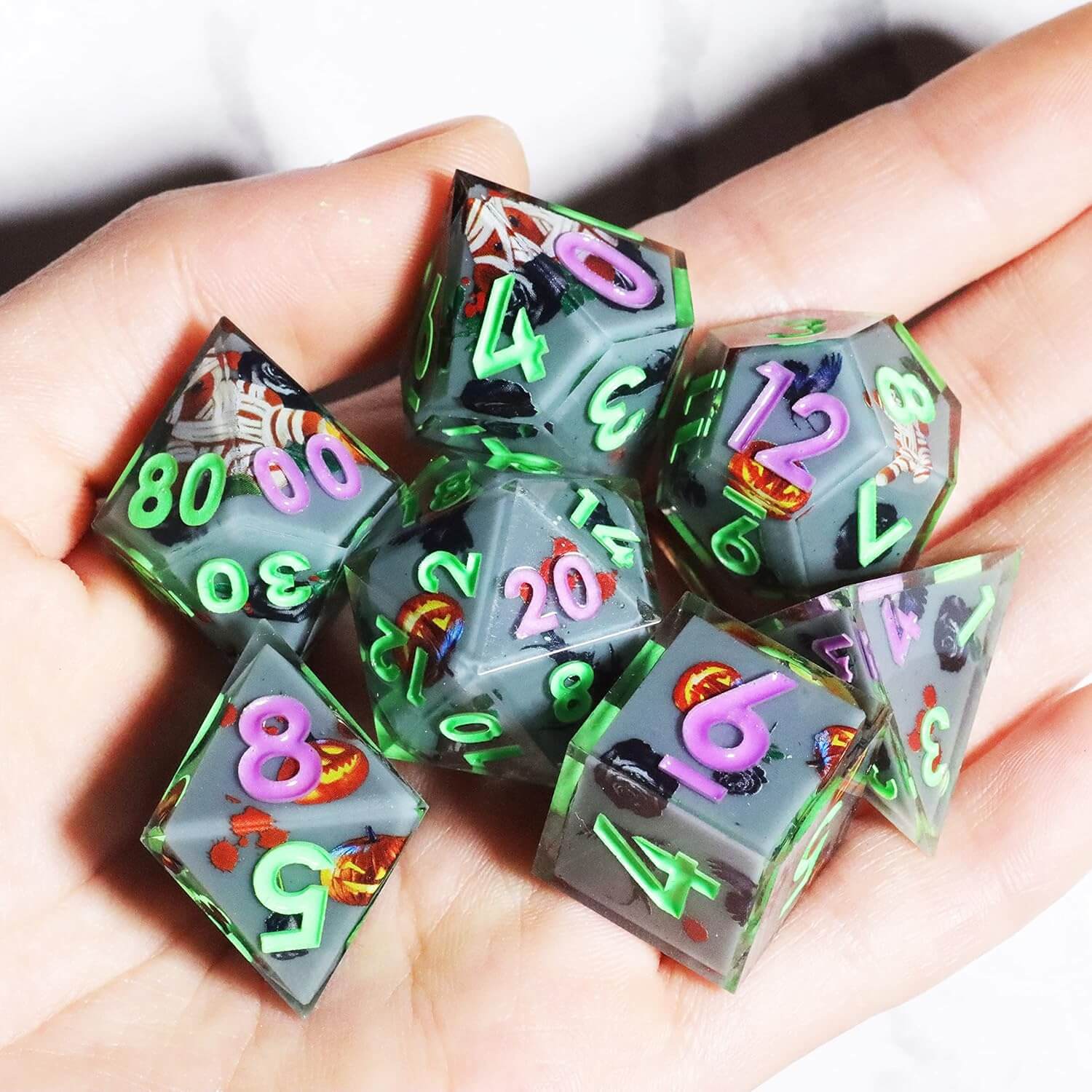 Pumpkin Glow Sharp Edge Resin Polyhedral 7-Piece D&D Dice Set - Dice of Dragons