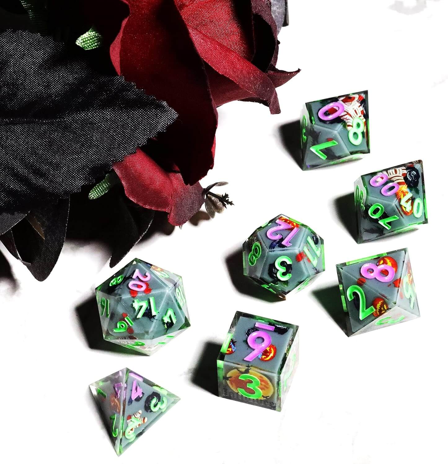 Pumpkin Glow Sharp Edge Resin Polyhedral 7-Piece D&D Dice Set - Dice of Dragons