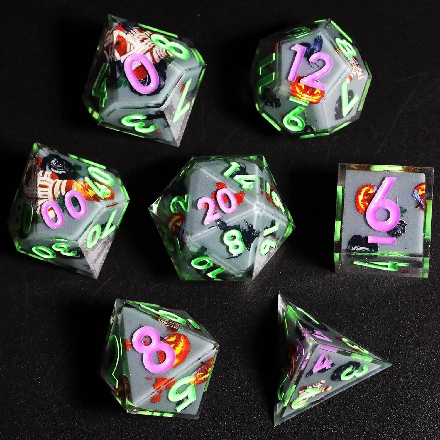 Pumpkin Glow Sharp Edge Resin Polyhedral 7-Piece D&D Dice Set - Dice of Dragons