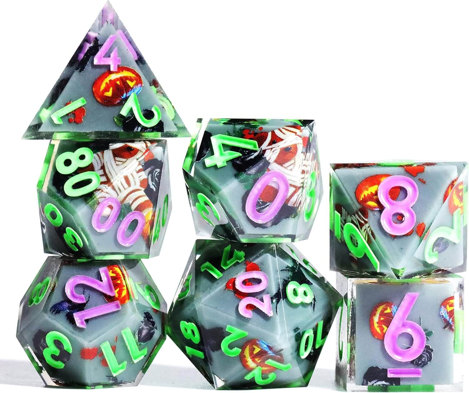 Pumpkin Glow Sharp Edge Resin Polyhedral 7-Piece D&D Dice Set - Dice of Dragons