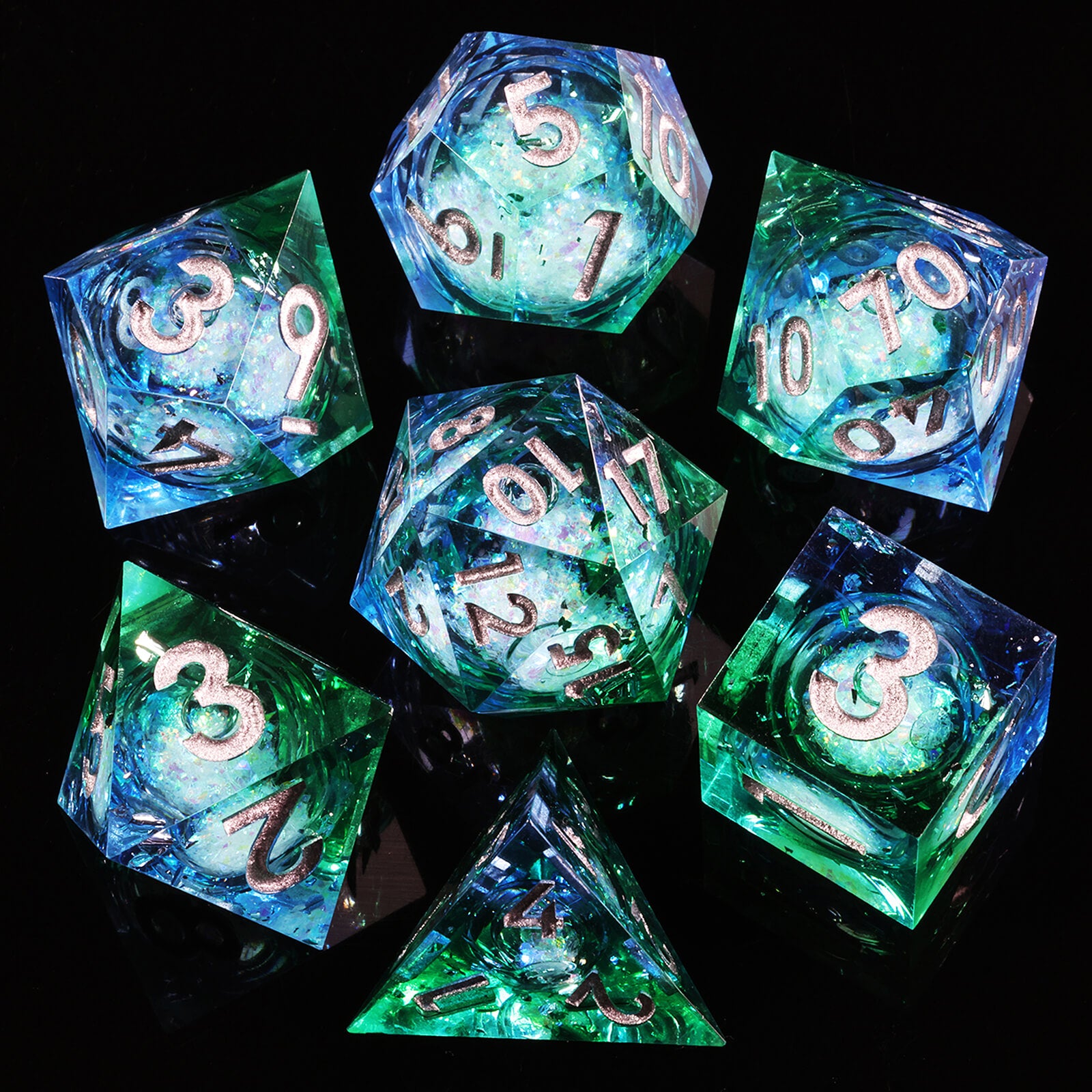 RPG Resin Polyhedral 7 Liquid Core Dice Set DnD - Emerald Garden - Dice of Dragons