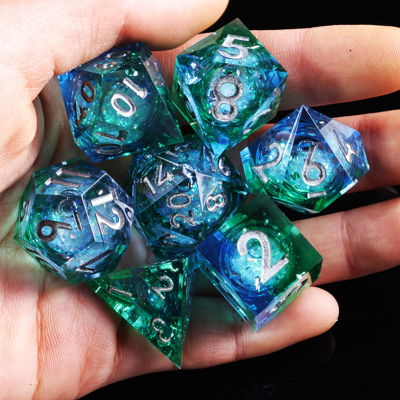 RPG Resin Polyhedral 7 Liquid Core Dice Set DnD - Emerald Garden - Dice of Dragons