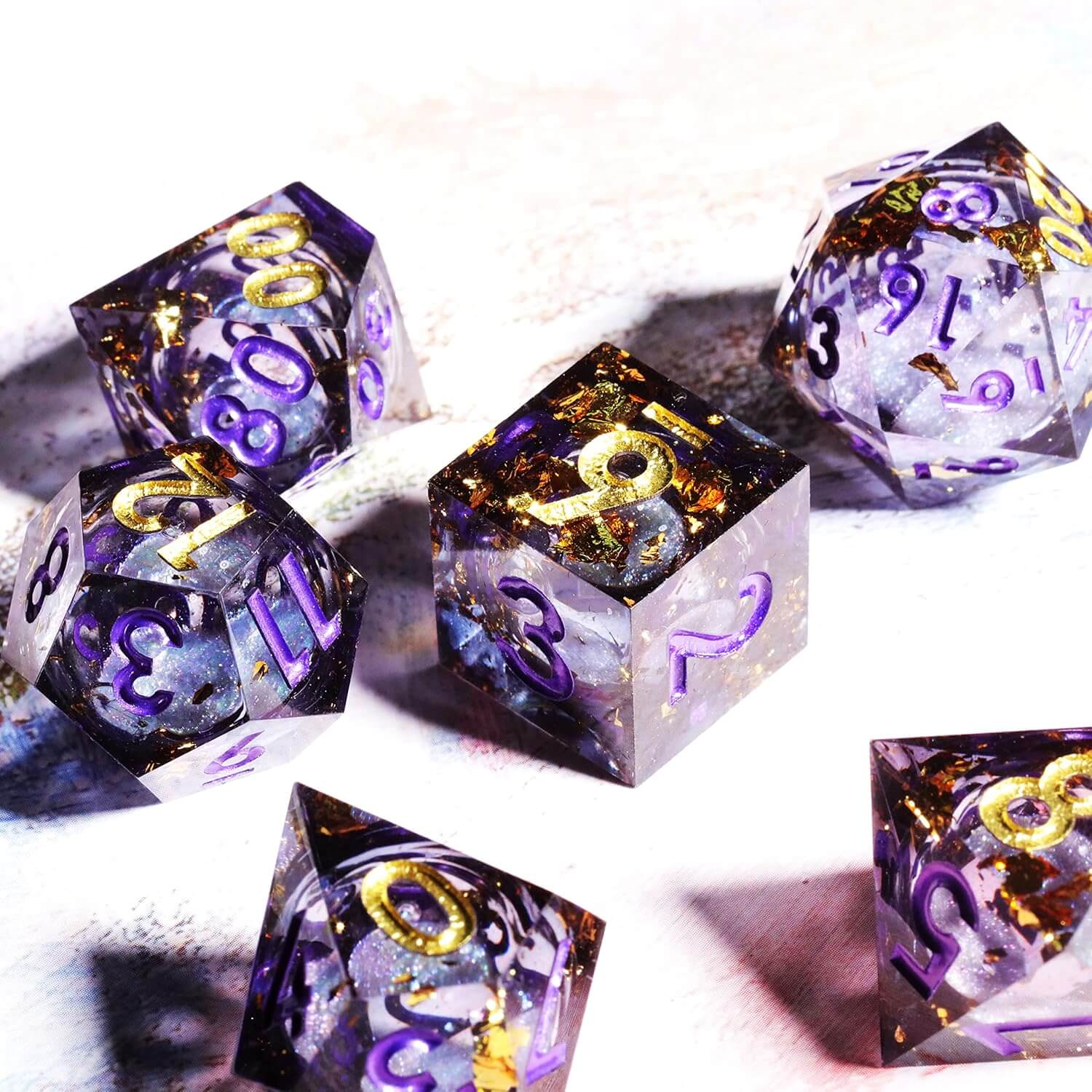 Teal, purple and white, sharp edge, handmade on sale dice with potion bottle For DND, D&D, dungeons and dragons or other RPG